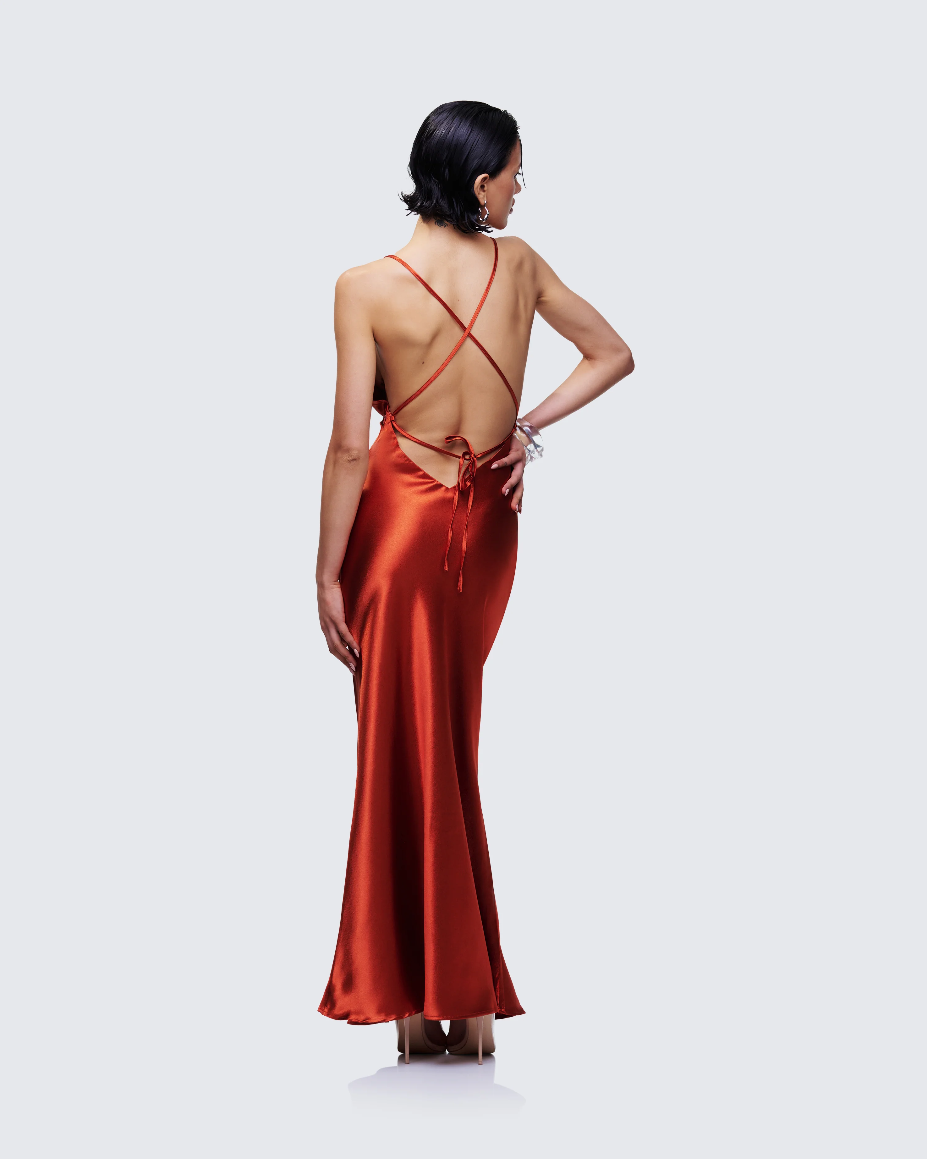 Elspeth Orange Satin Bias Slip Maxi Dress - Image 5