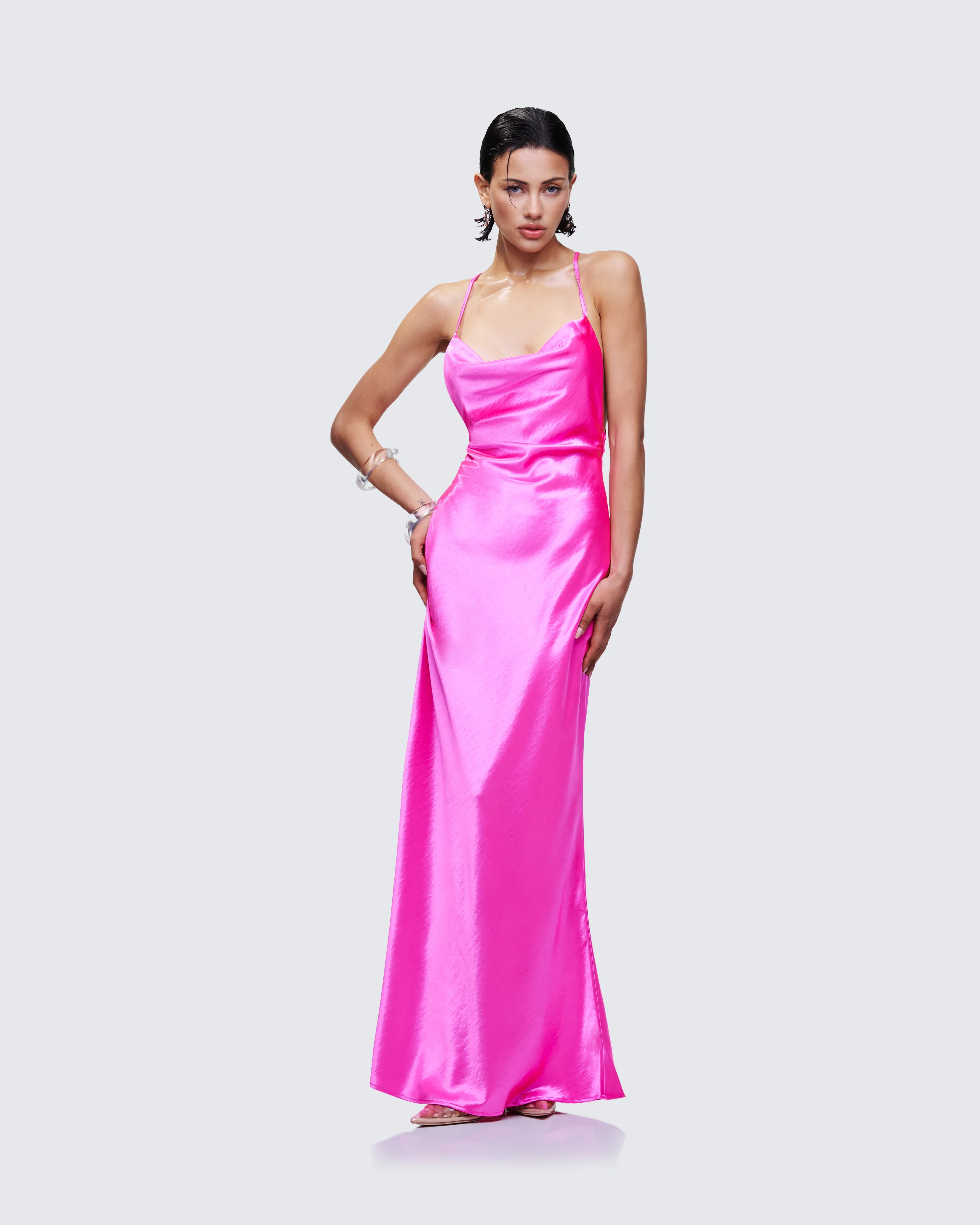 Elspeth Pink Satin Bias Slip Maxi Dress - Image 3