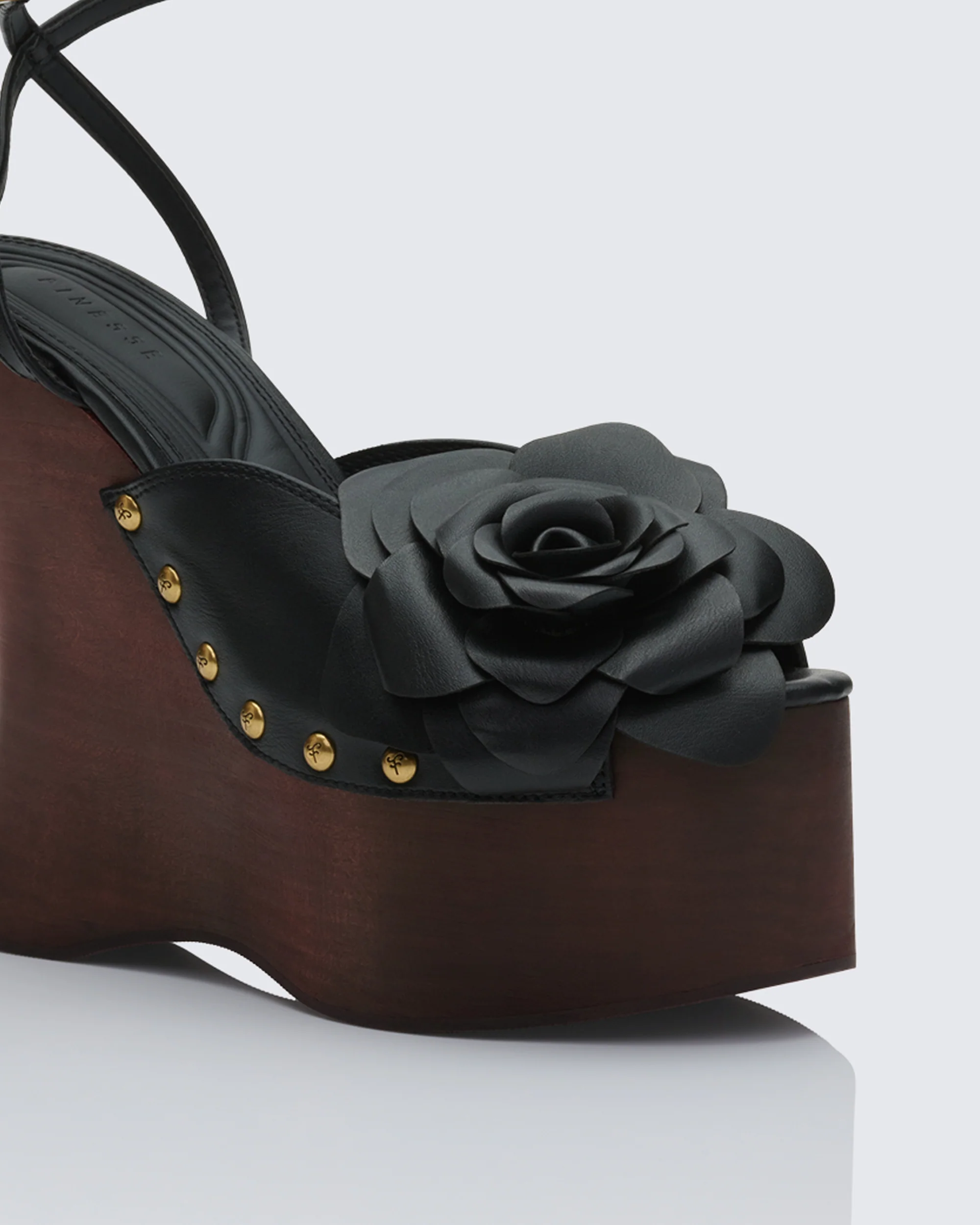 Elyanna Black Corsage Wooden Wedges - Image 4