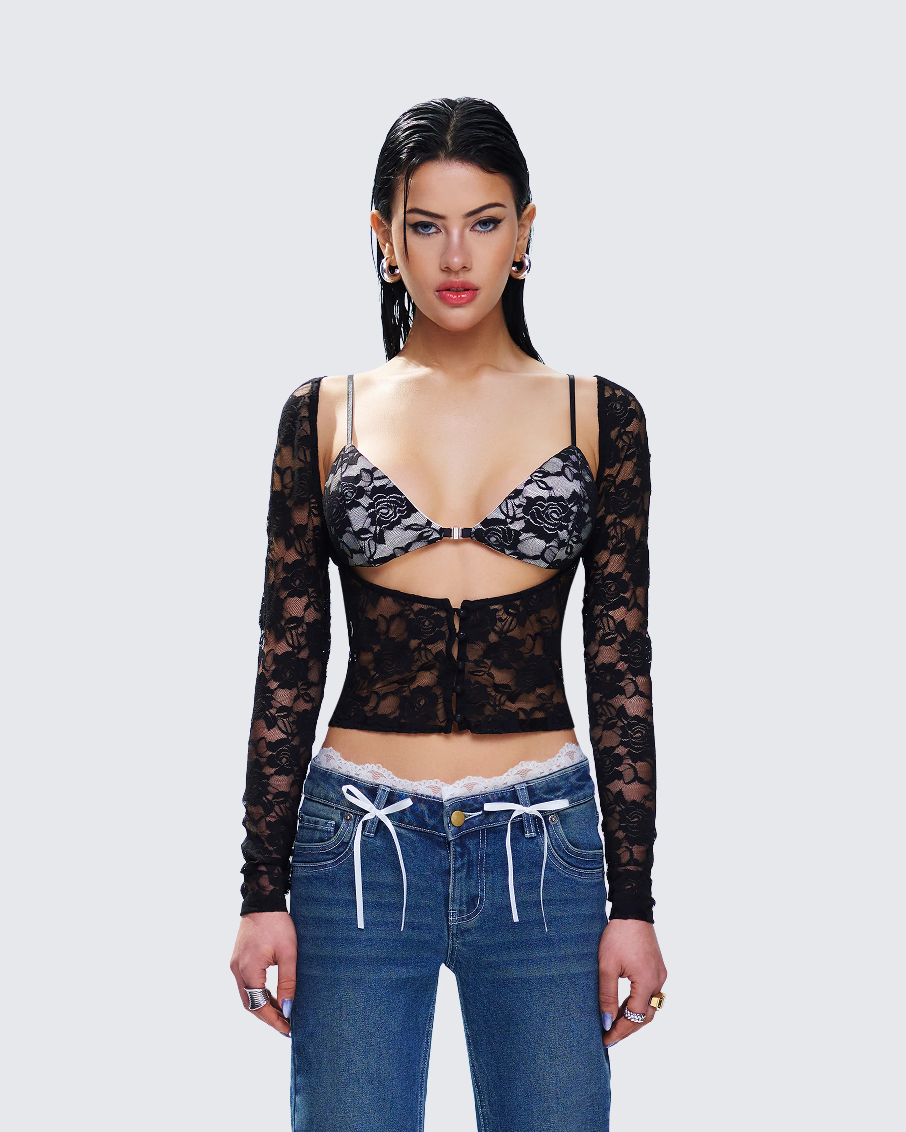 Esmarie Black Lace Sheer Long Sleeve Top - Image 4