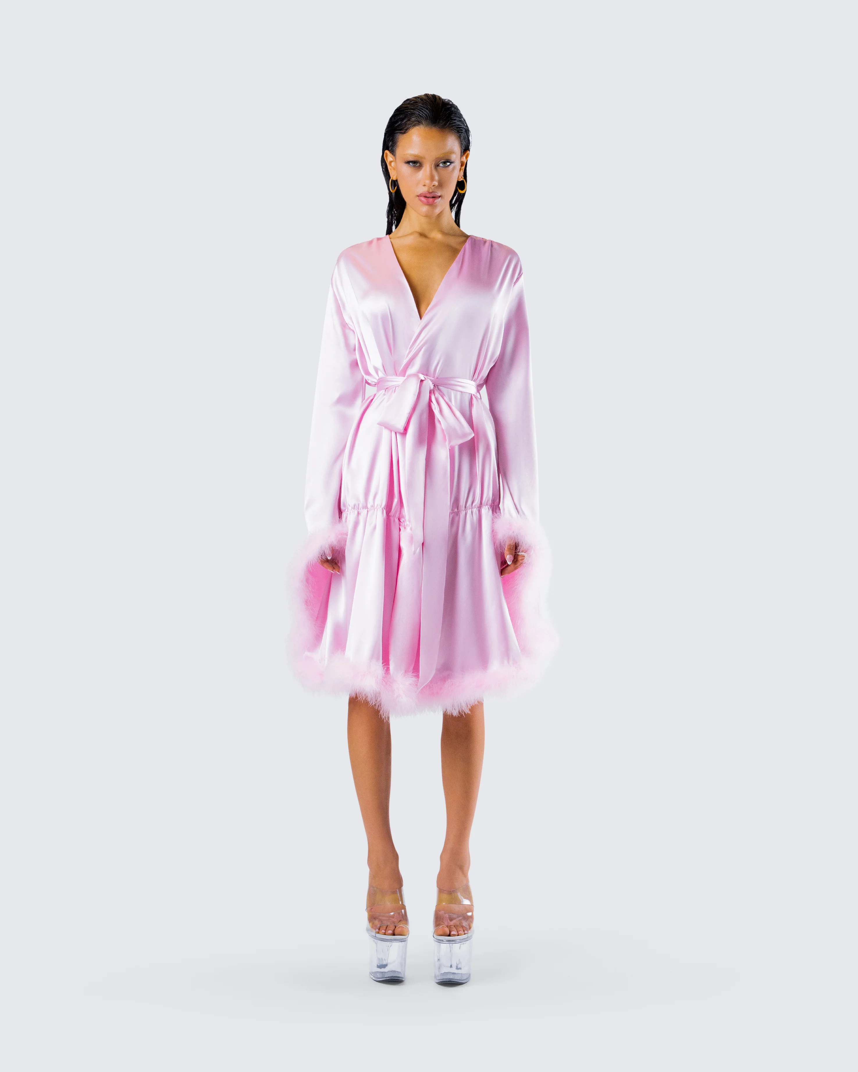 Evalie Pink Feather Trim Robe - Image 4