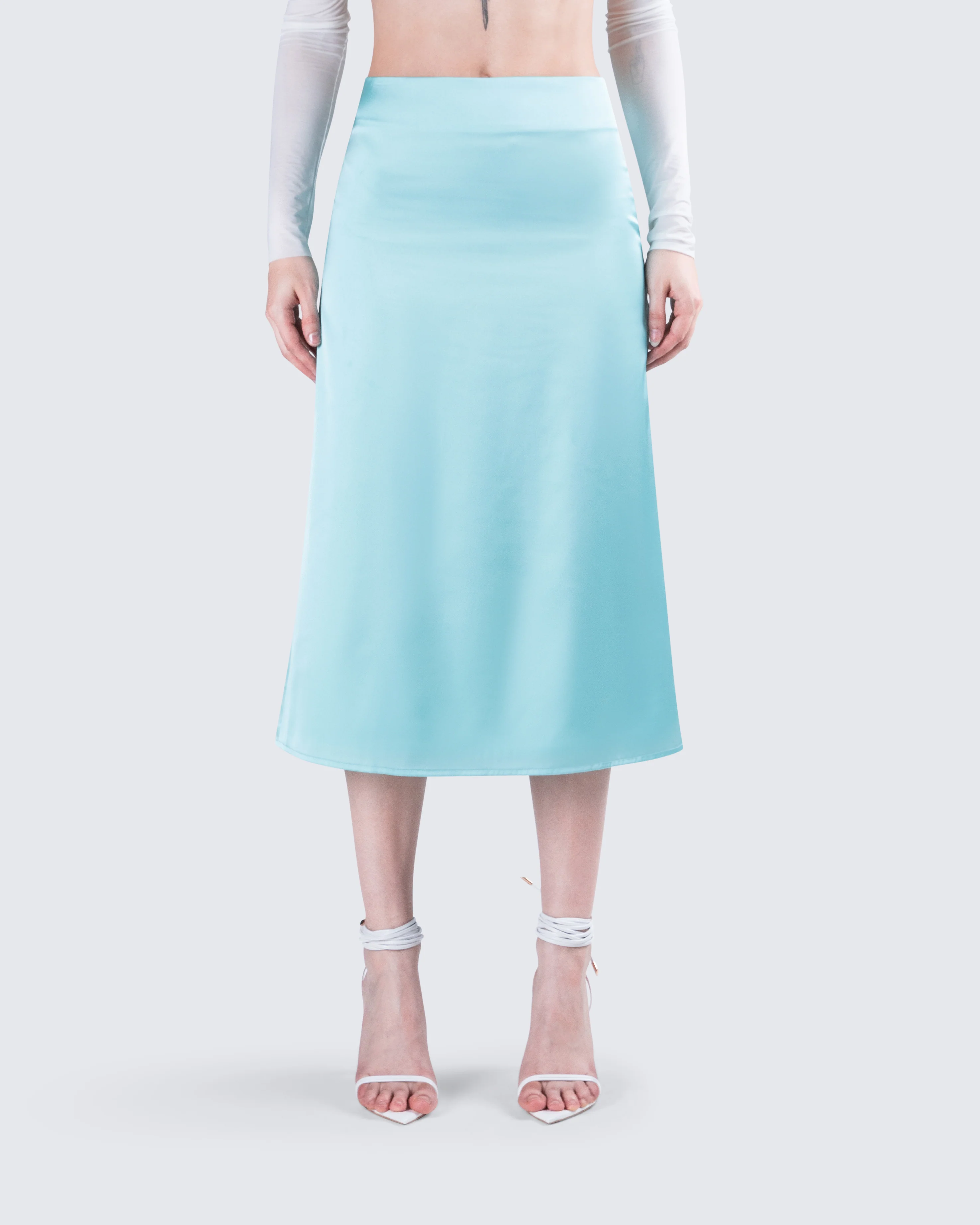 Florie Aqua Satin Midi Skirt - Image 4
