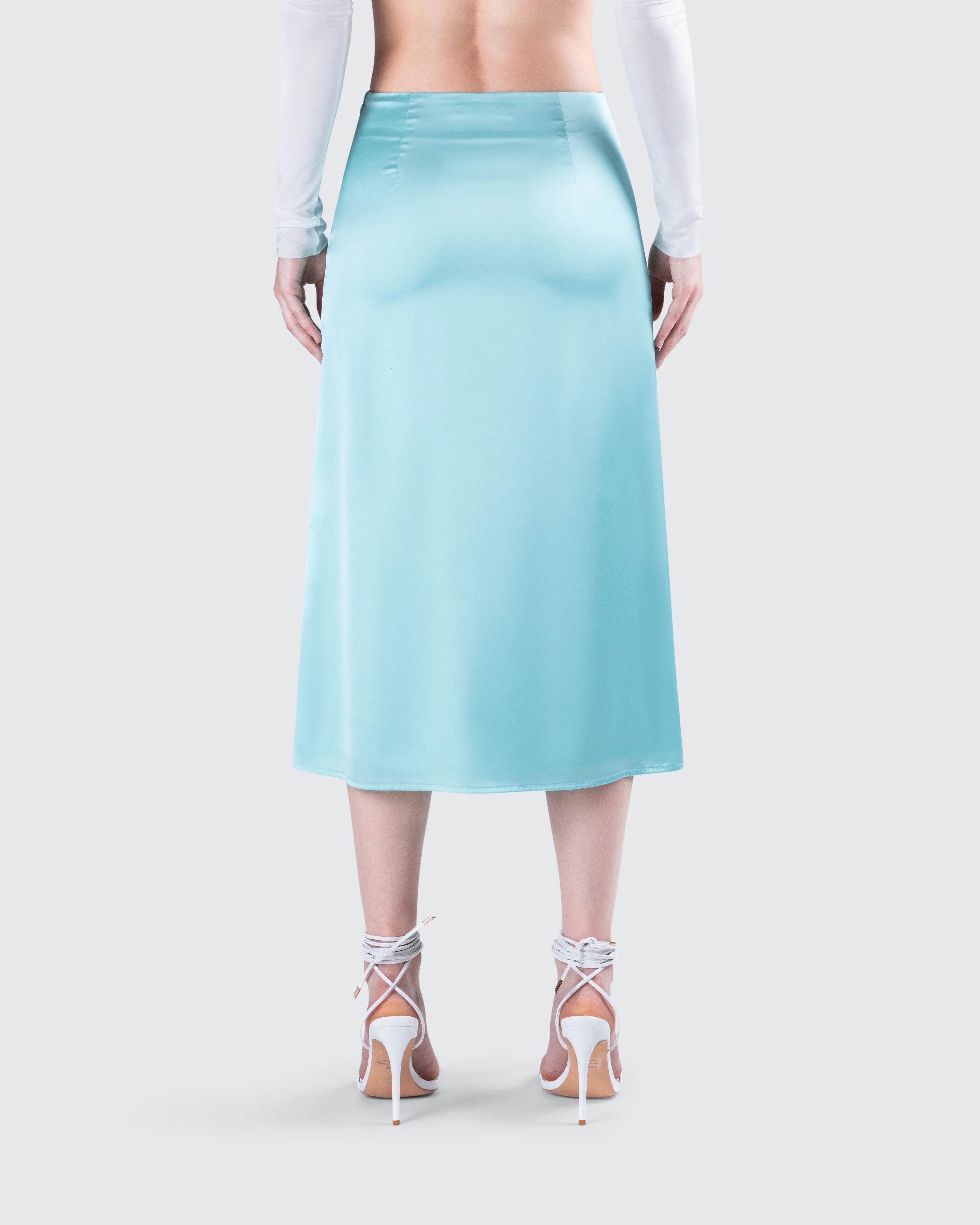 Florie Aqua Satin Midi Skirt - Image 7