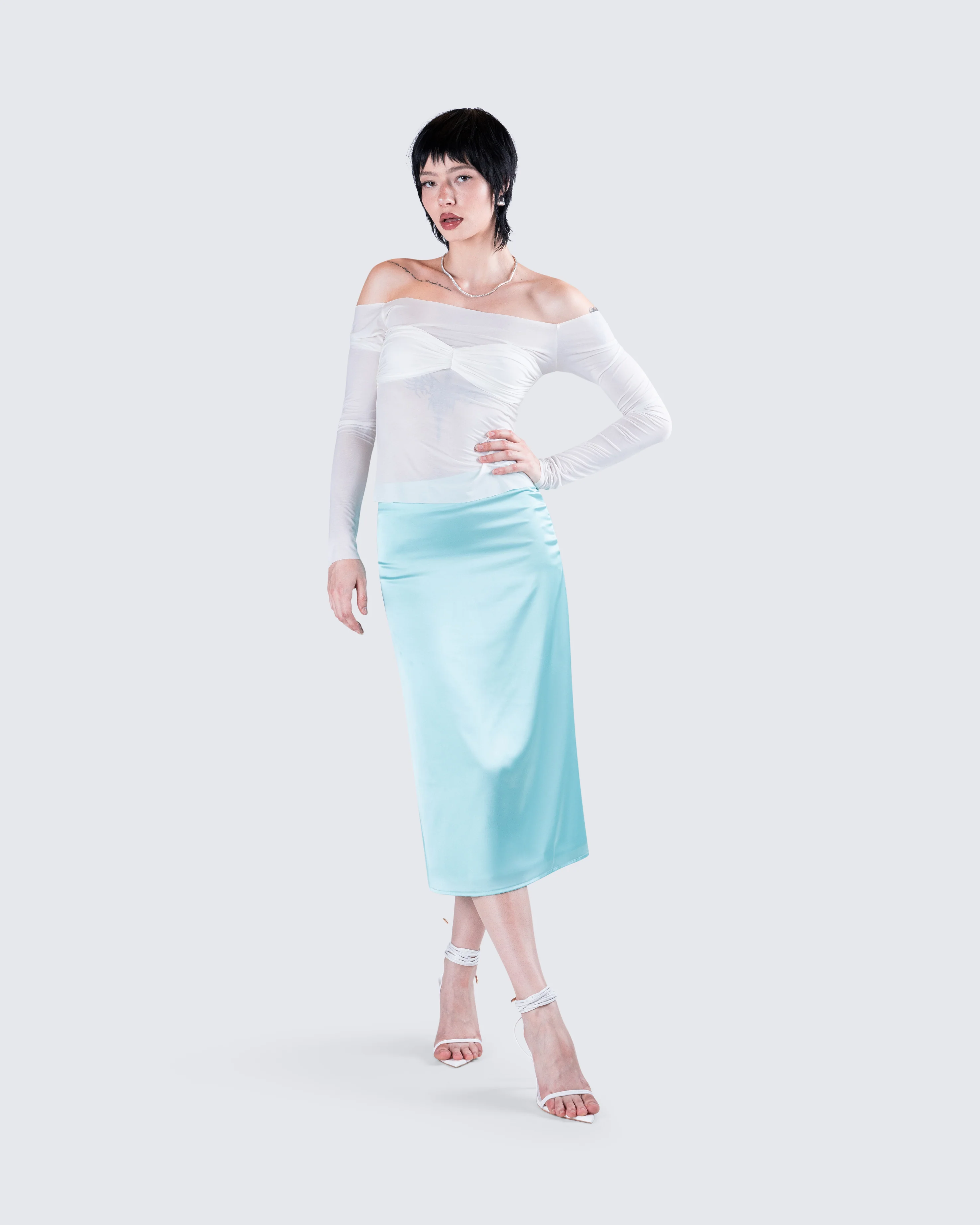 Florie Aqua Satin Midi Skirt - Image 9