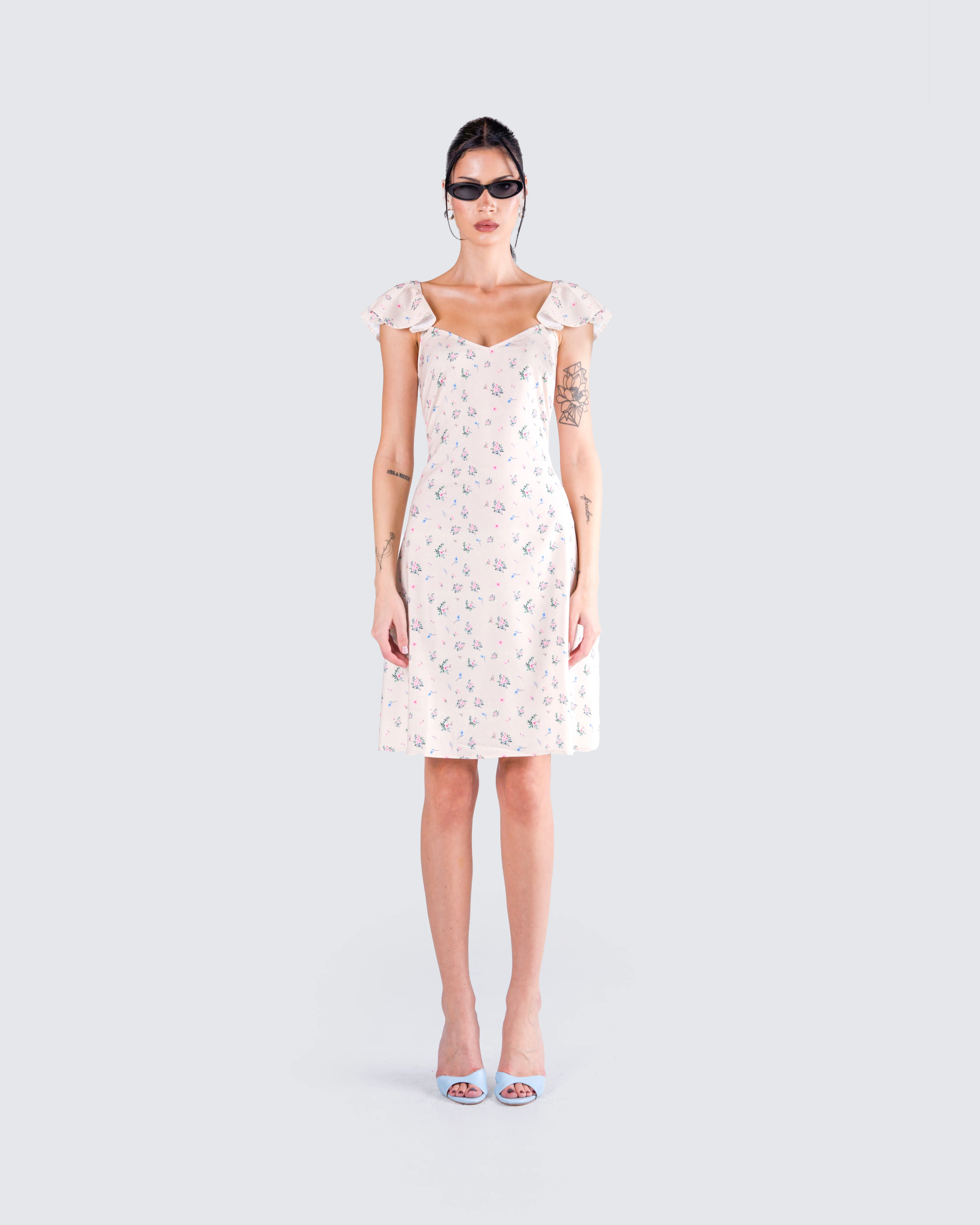 Francisca Beige Flower Print Dress - Image 4