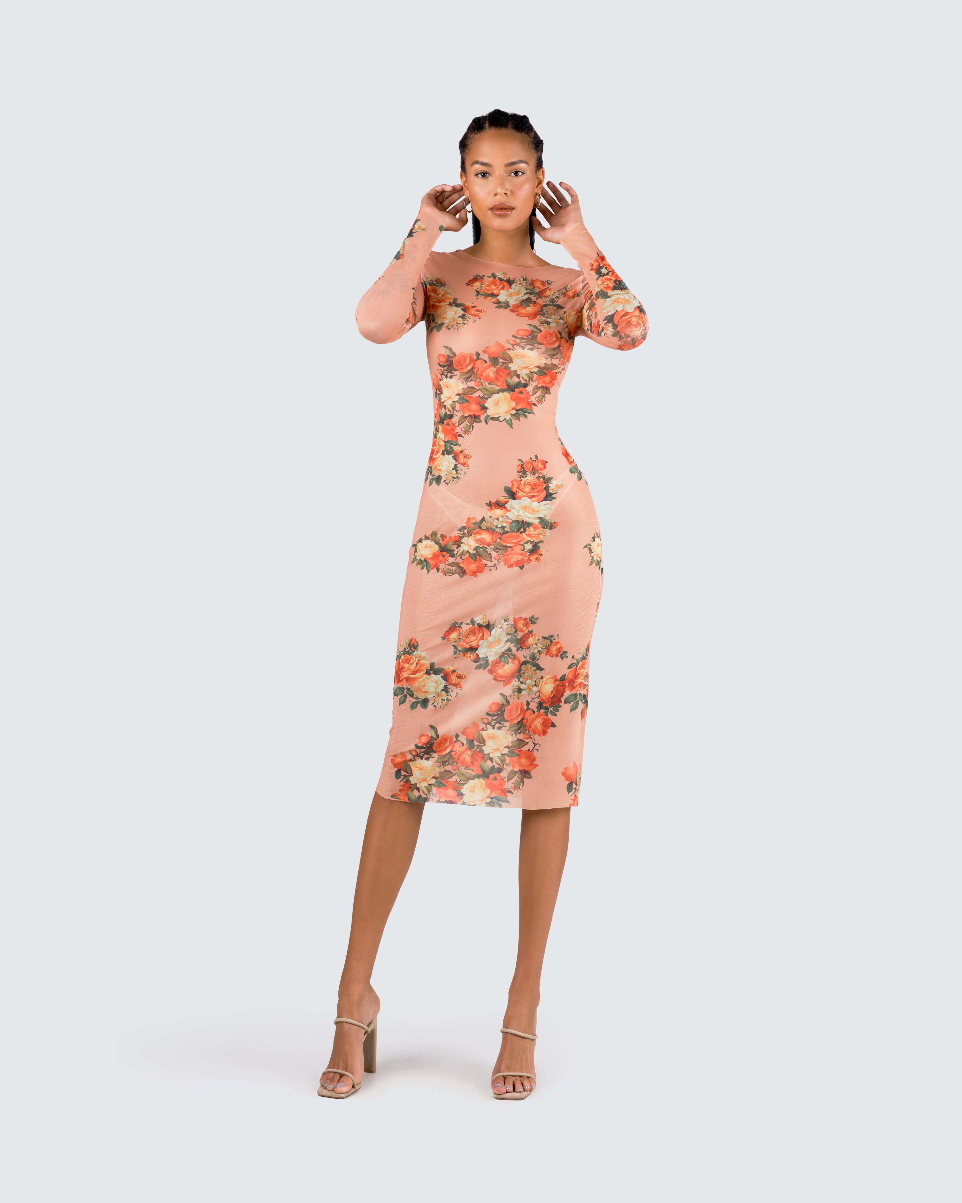 Gardenia Rose Print Mesh Midi Dress - Image 8