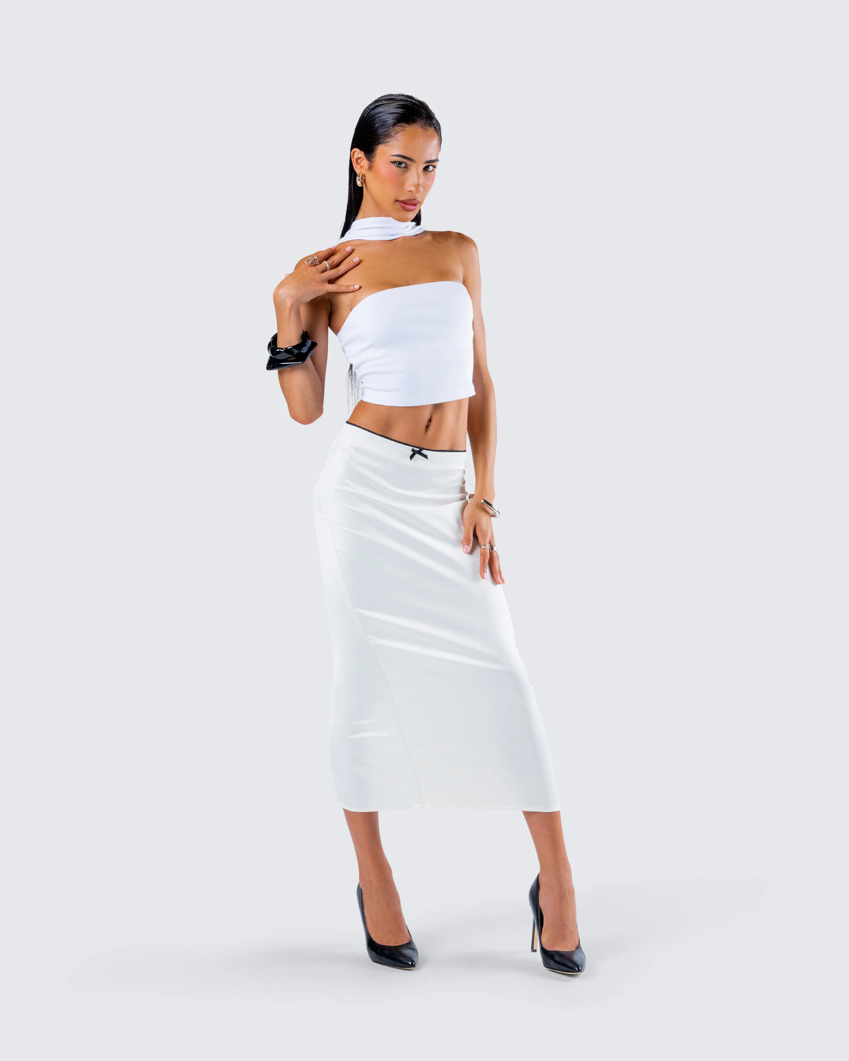 Georgia Ivory Satin Midi Skirt - Image 9