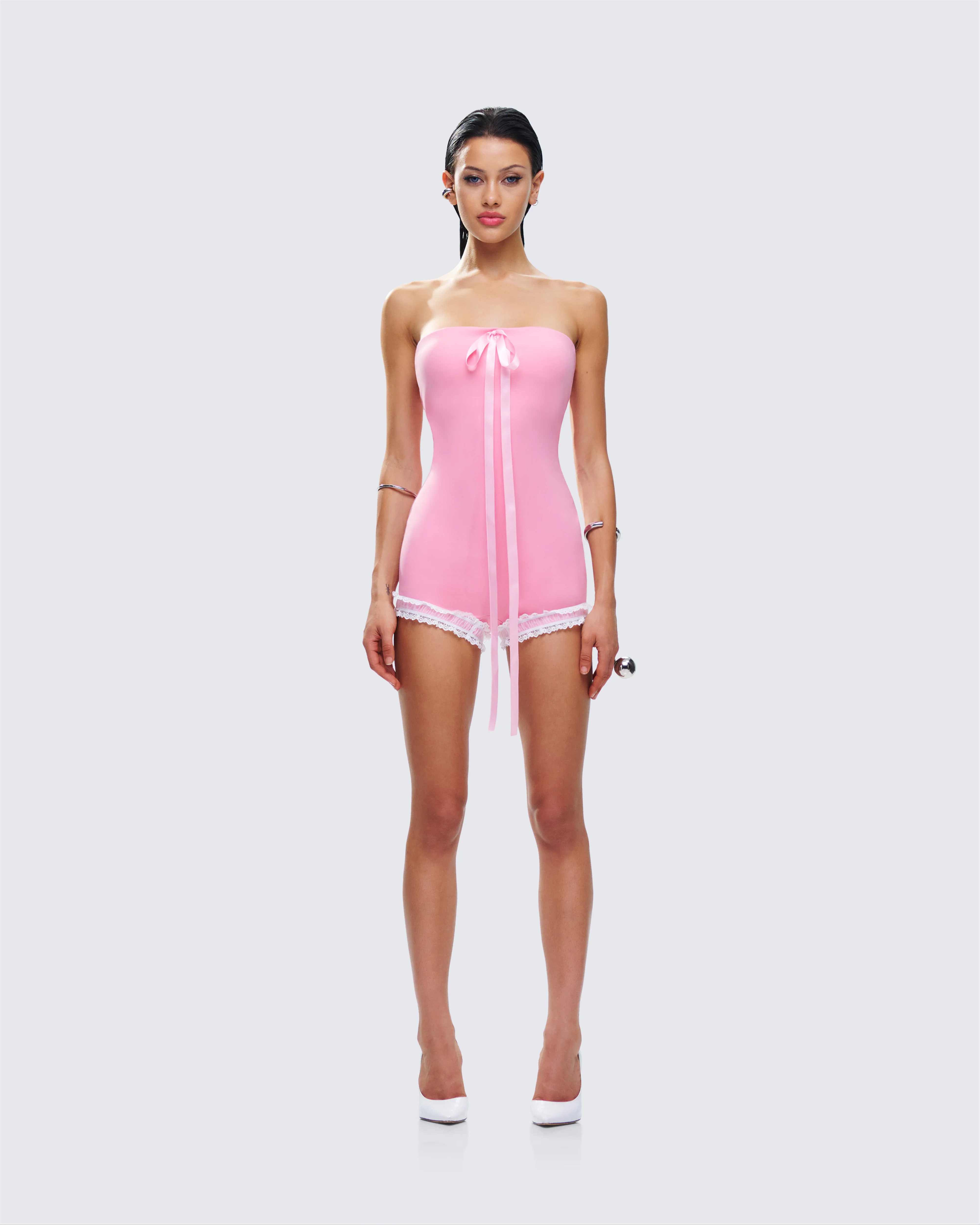 Gita Pink Bow Strapless Romper - Image 4
