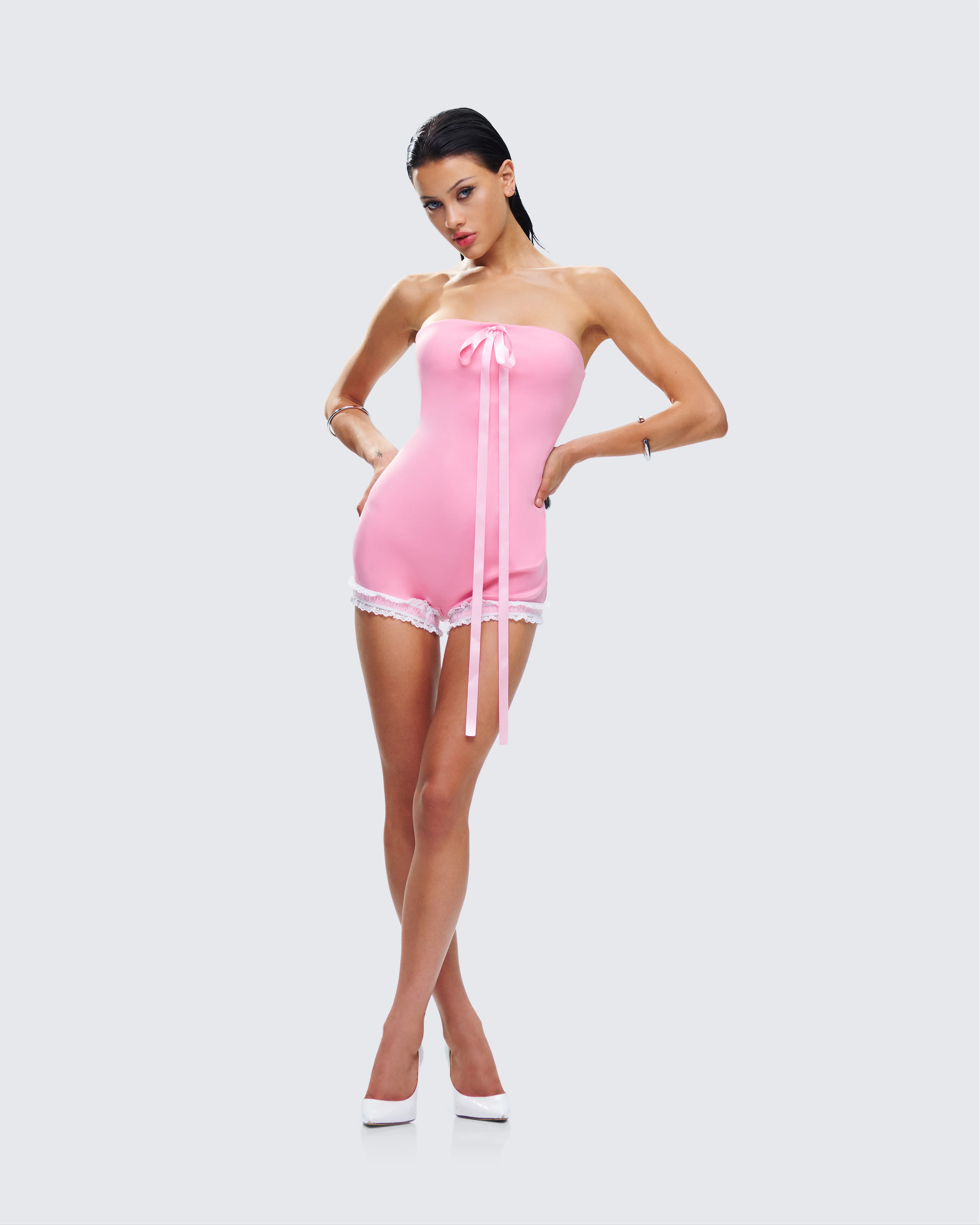 Gita Pink Bow Strapless Romper - Image 6