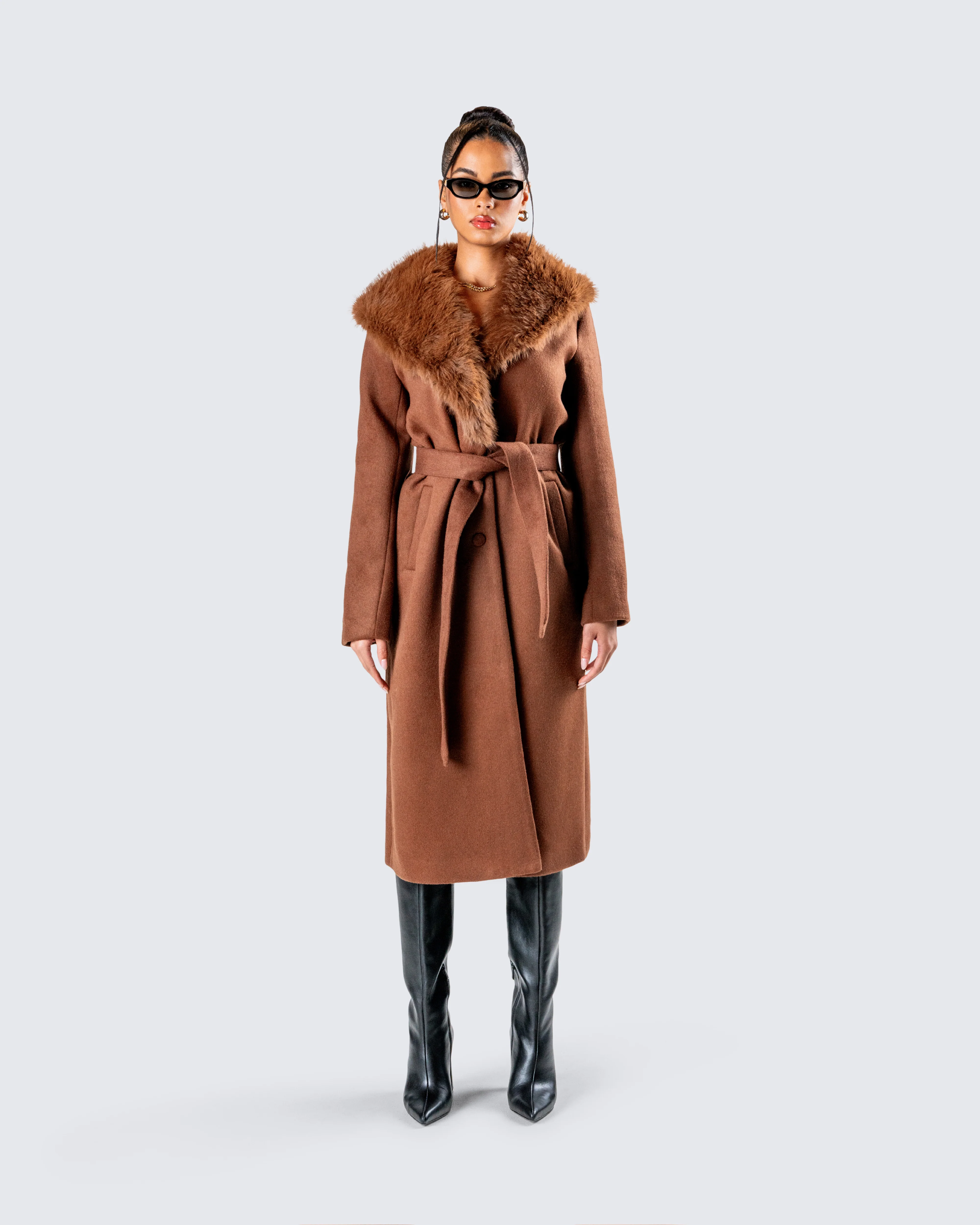 Hala Brown Faux Fur Trim Coat - Image 4