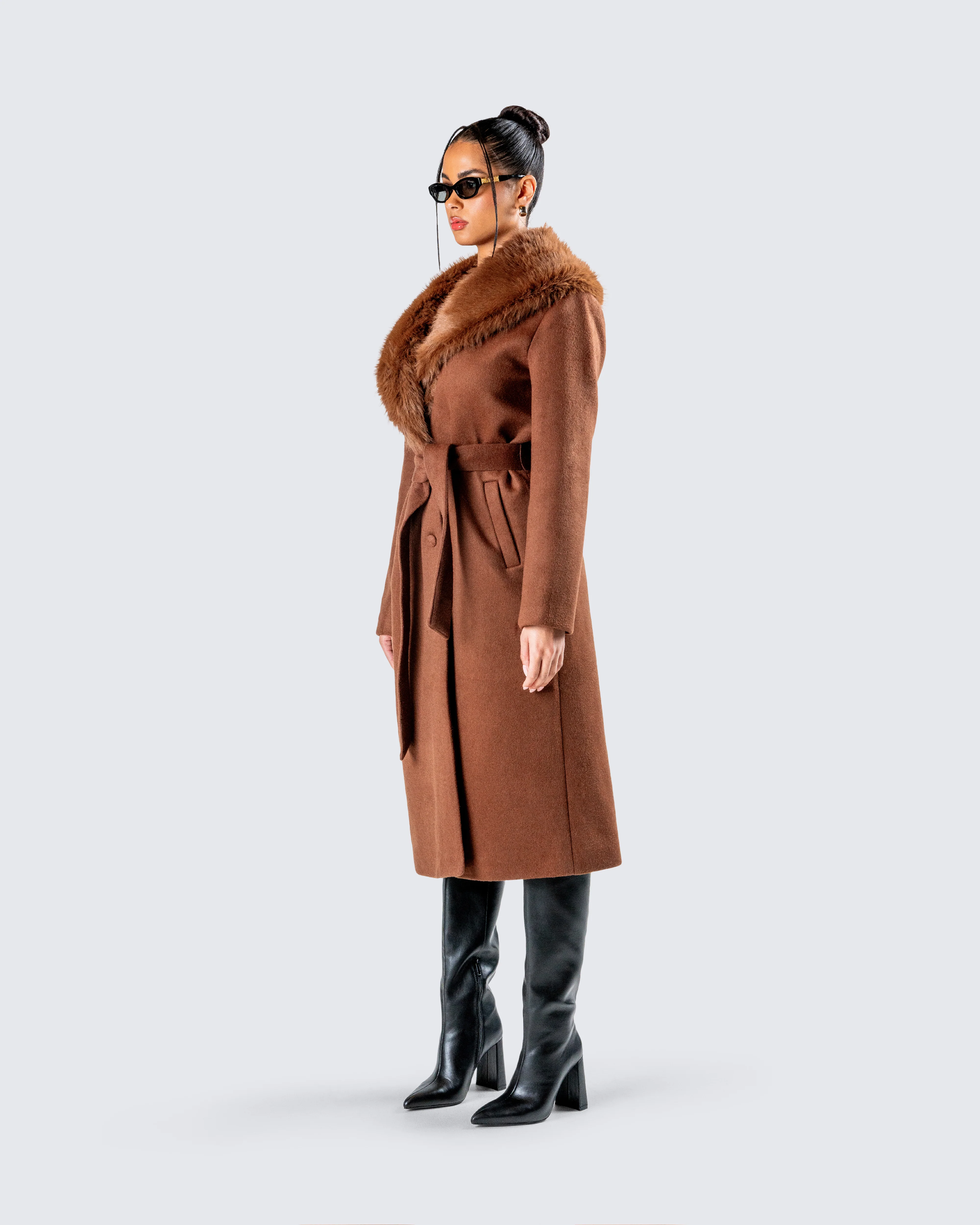 Hala Brown Faux Fur Trim Coat - Image 5