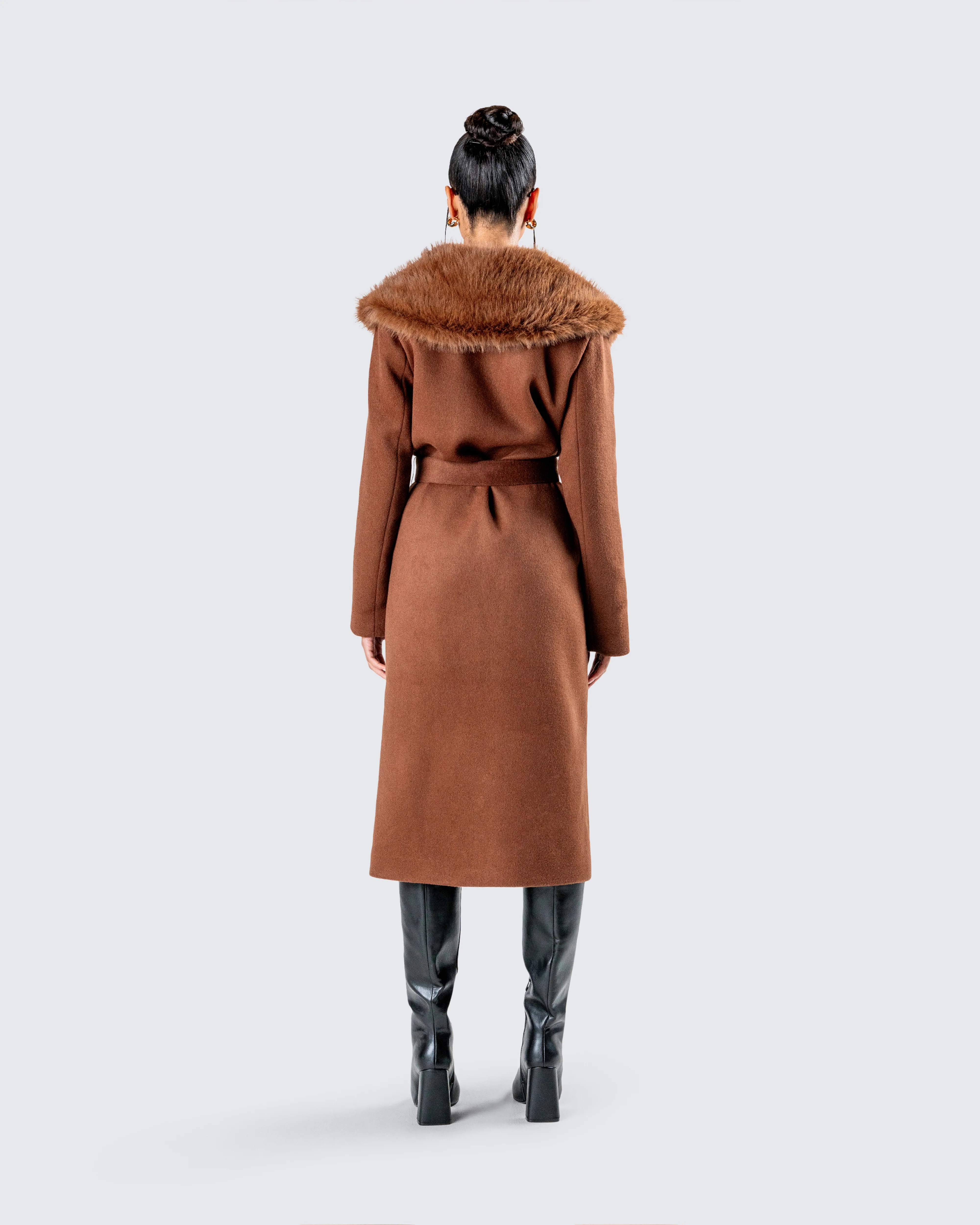 Hala Brown Faux Fur Trim Coat - Image 7