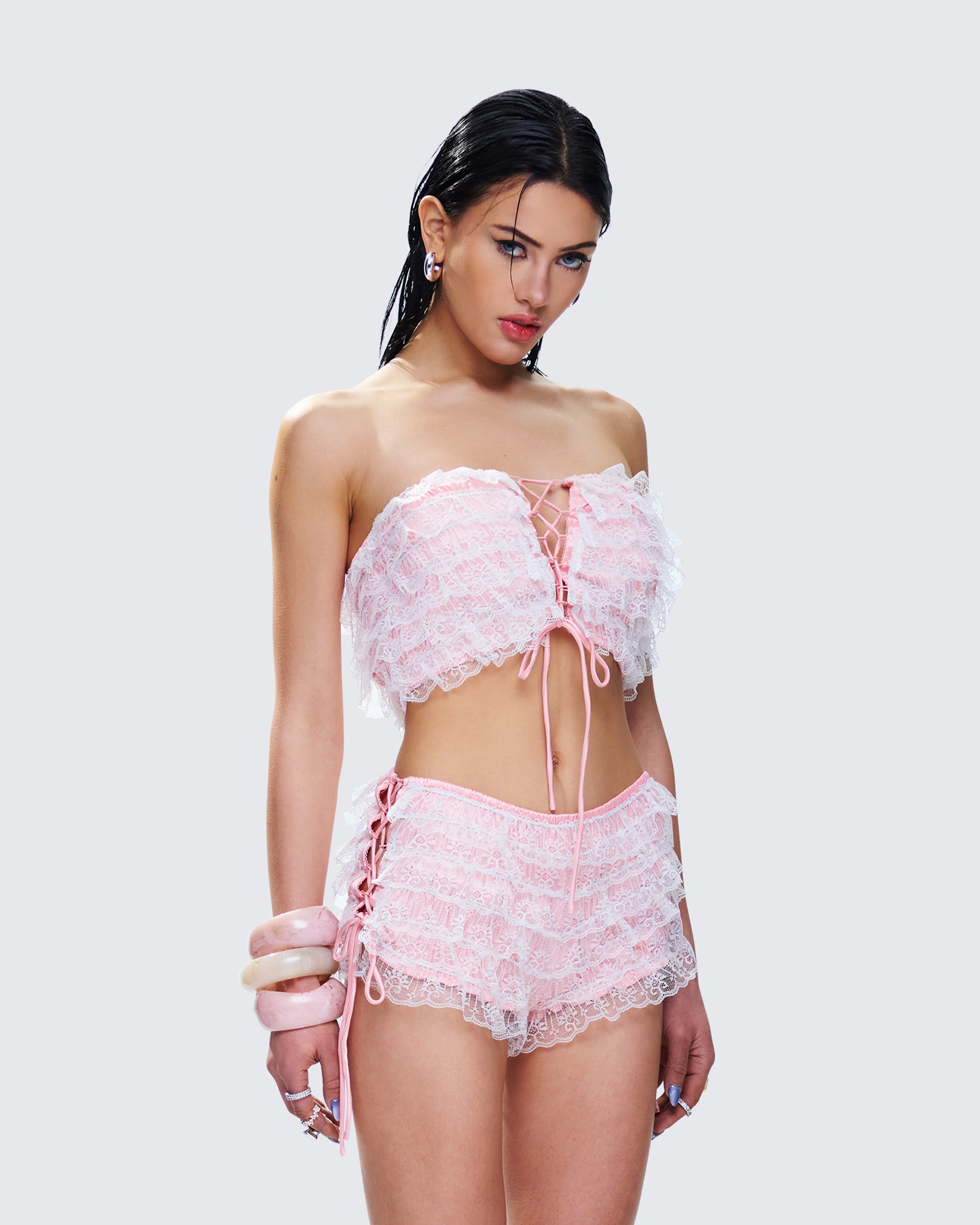 Hali Pink Lace Up Ruffle Strapless Crop Top - Image 5