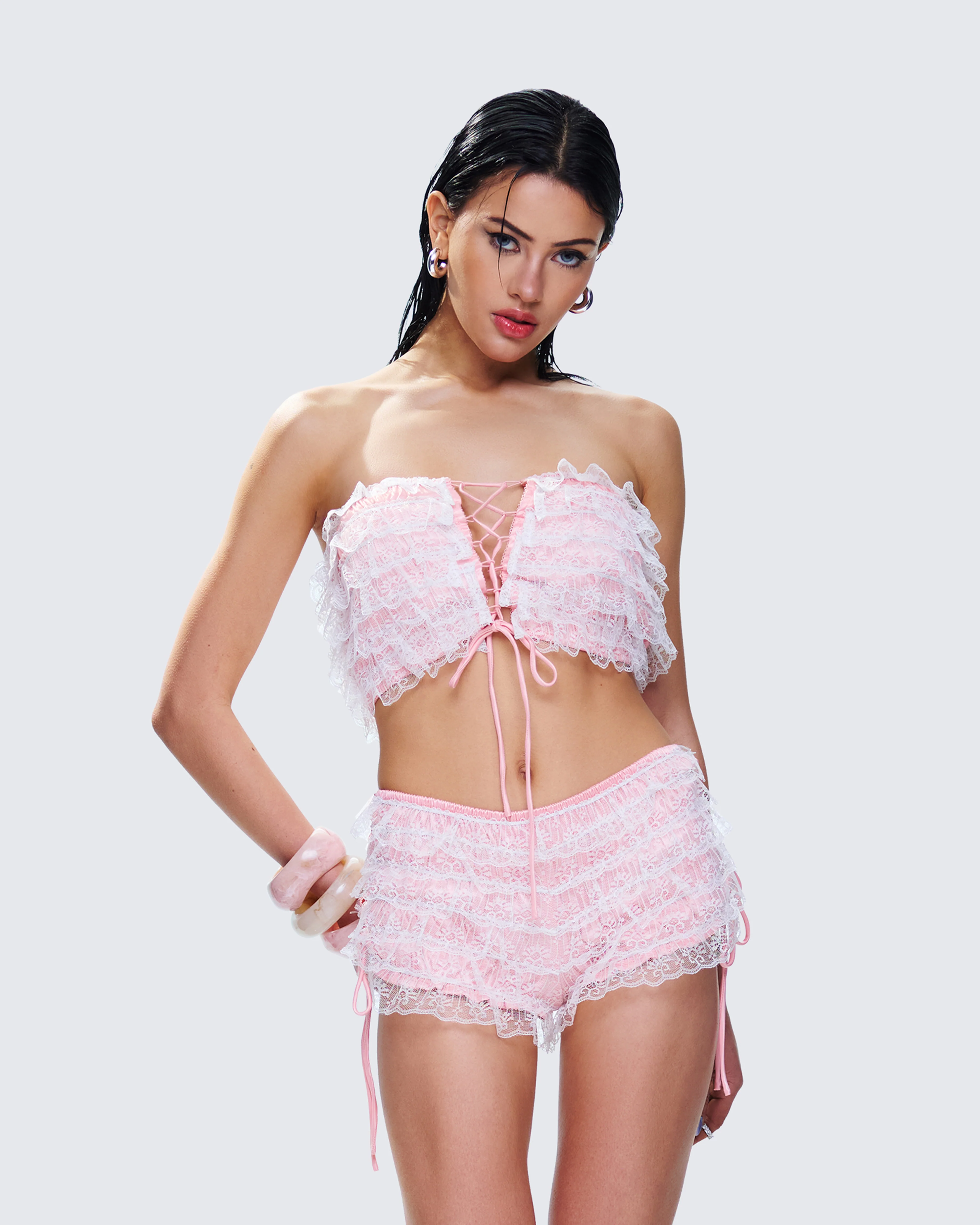 Hali Pink Lace Up Ruffle Strapless Crop Top - Image 6
