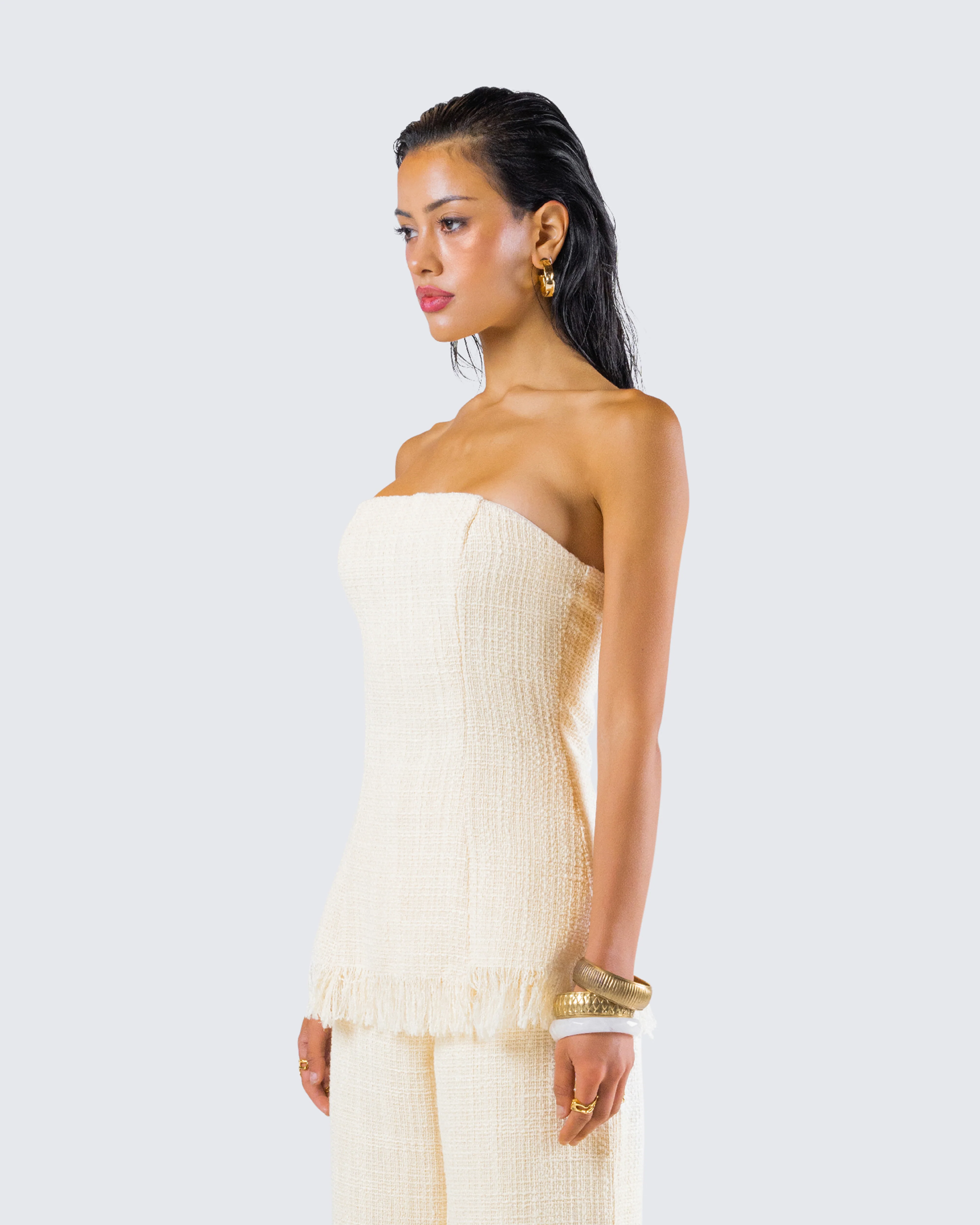 Havanah Ivory Tweed Strapless Top - Image 5