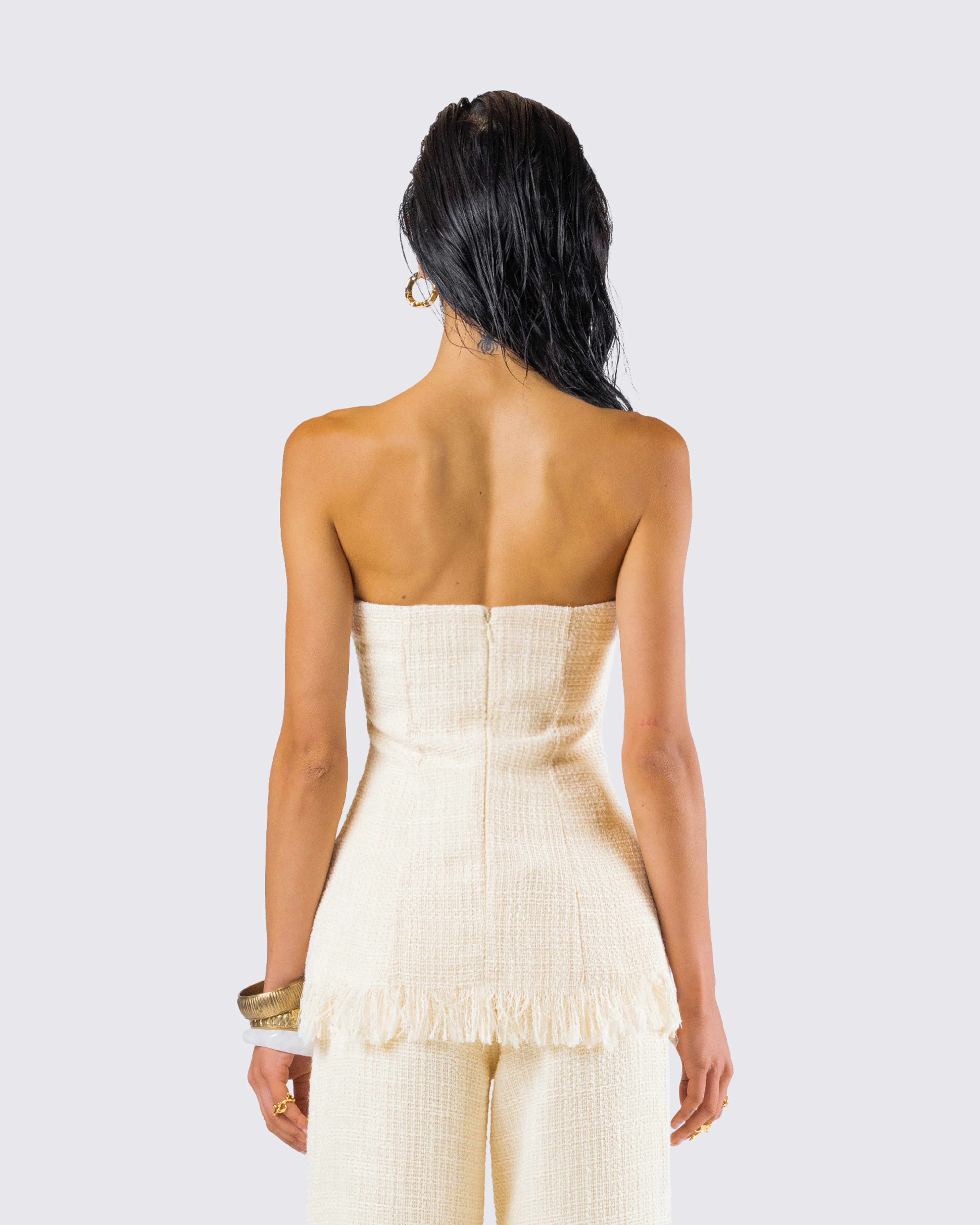 Havanah Ivory Tweed Strapless Top - Image 7