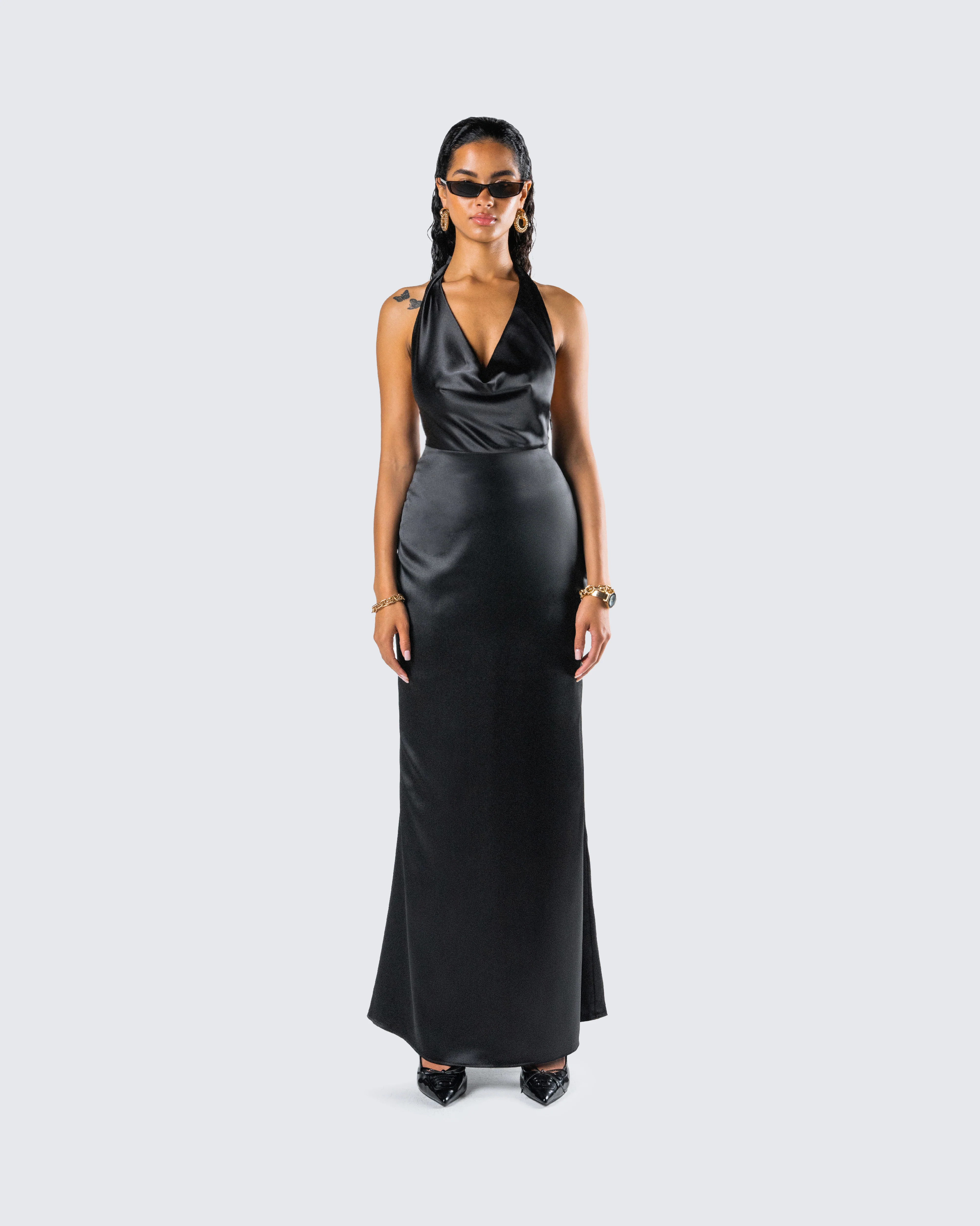 Holly Black Satin Cowl Maxi Dress - Image 4