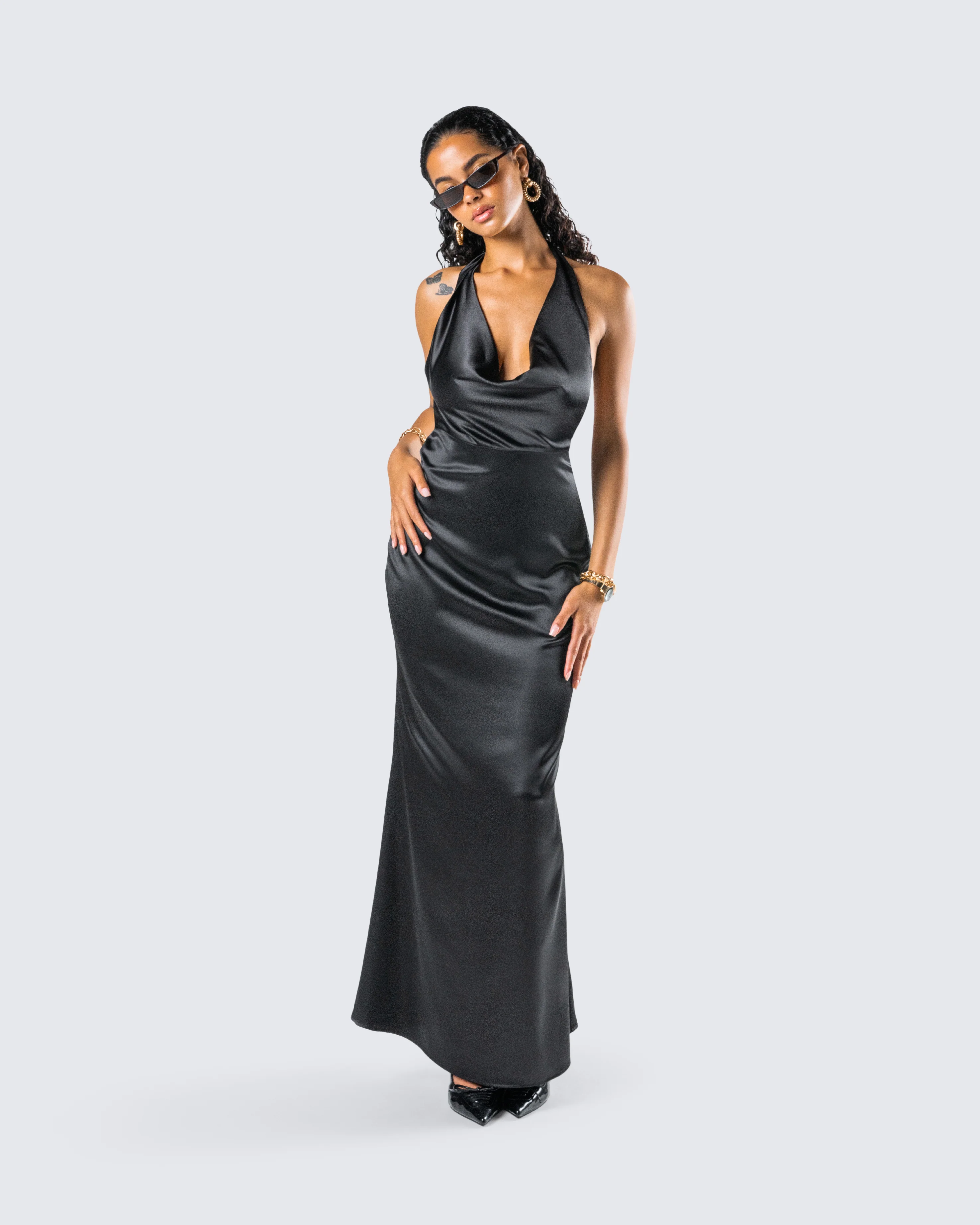 Holly Black Satin Cowl Maxi Dress - Image 8