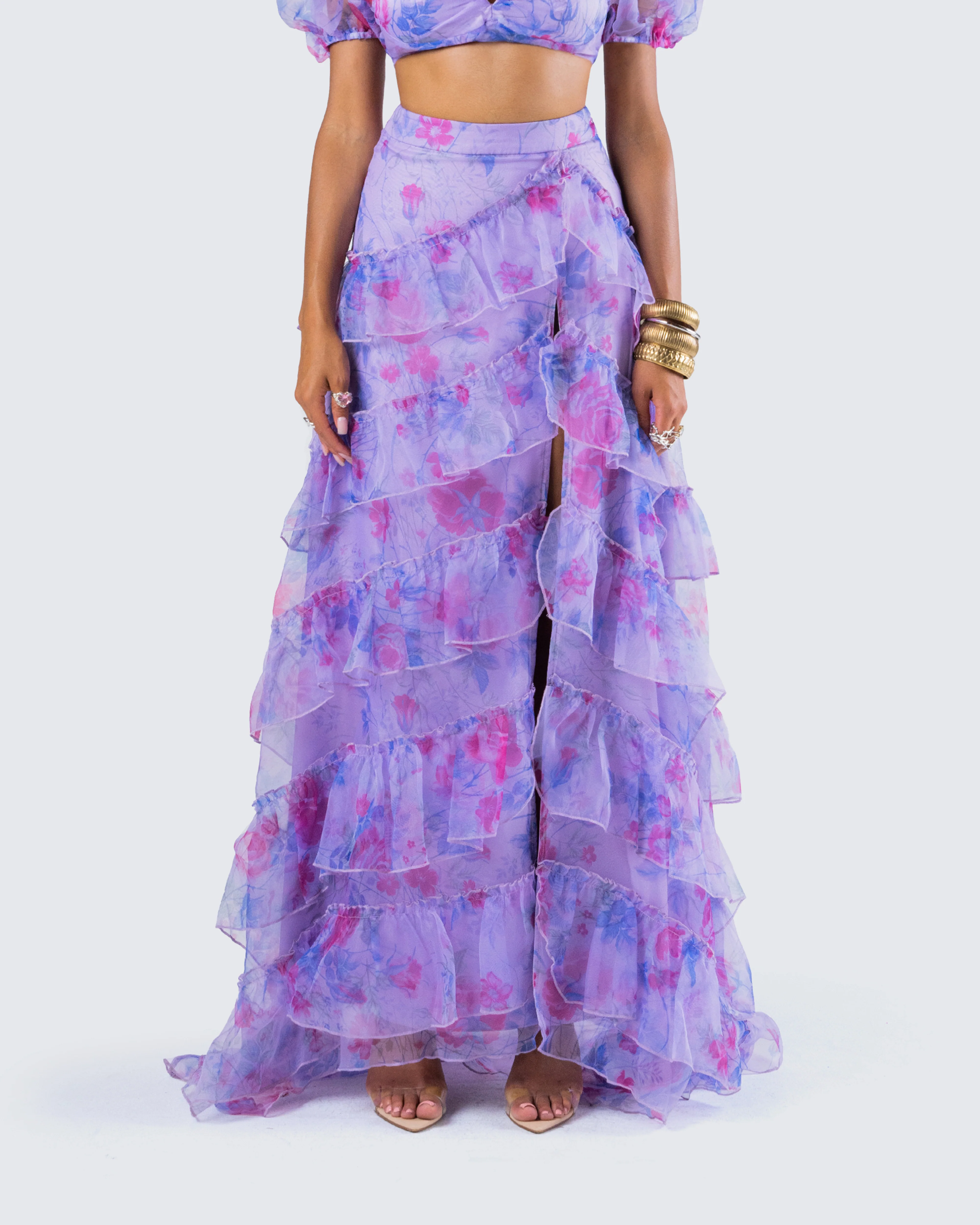 Ida Purple Floral Organza Maxi Skirt - Image 4