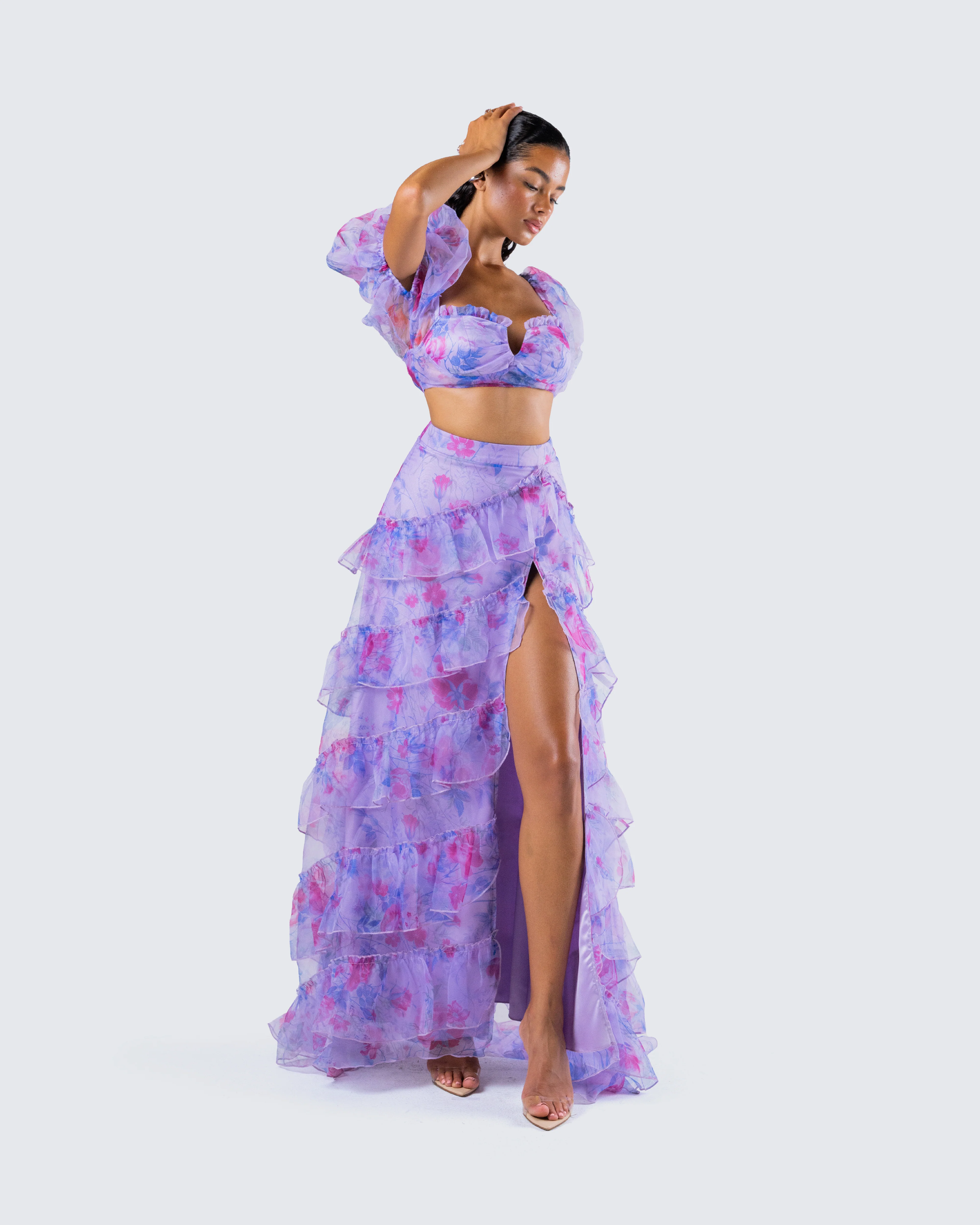 Ida Purple Floral Organza Maxi Skirt - Image 9