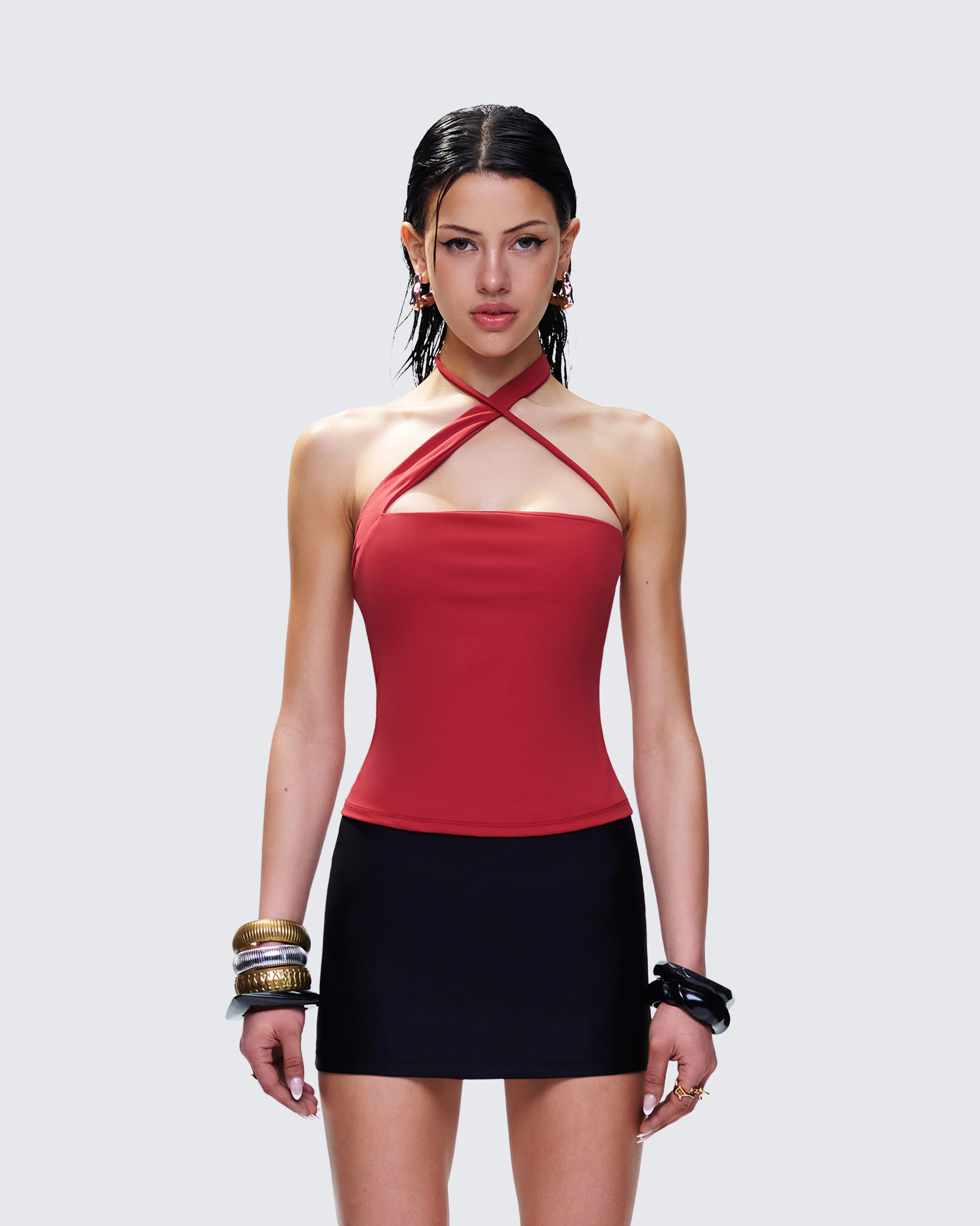 Idalia Red Asymmetrical Halter Top - Image 2