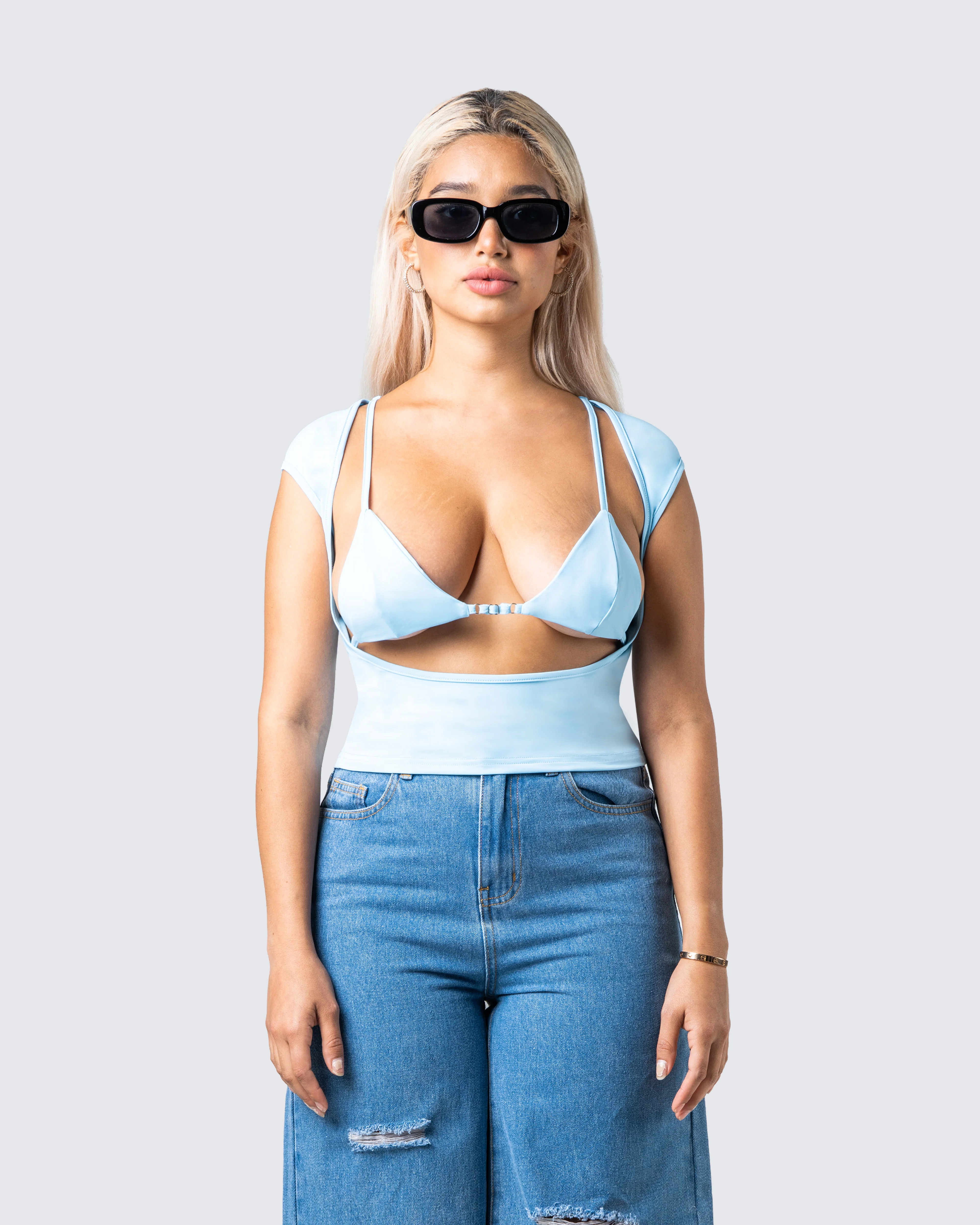 Indie Baby Blue Jersey Cut Out Top - Image 4