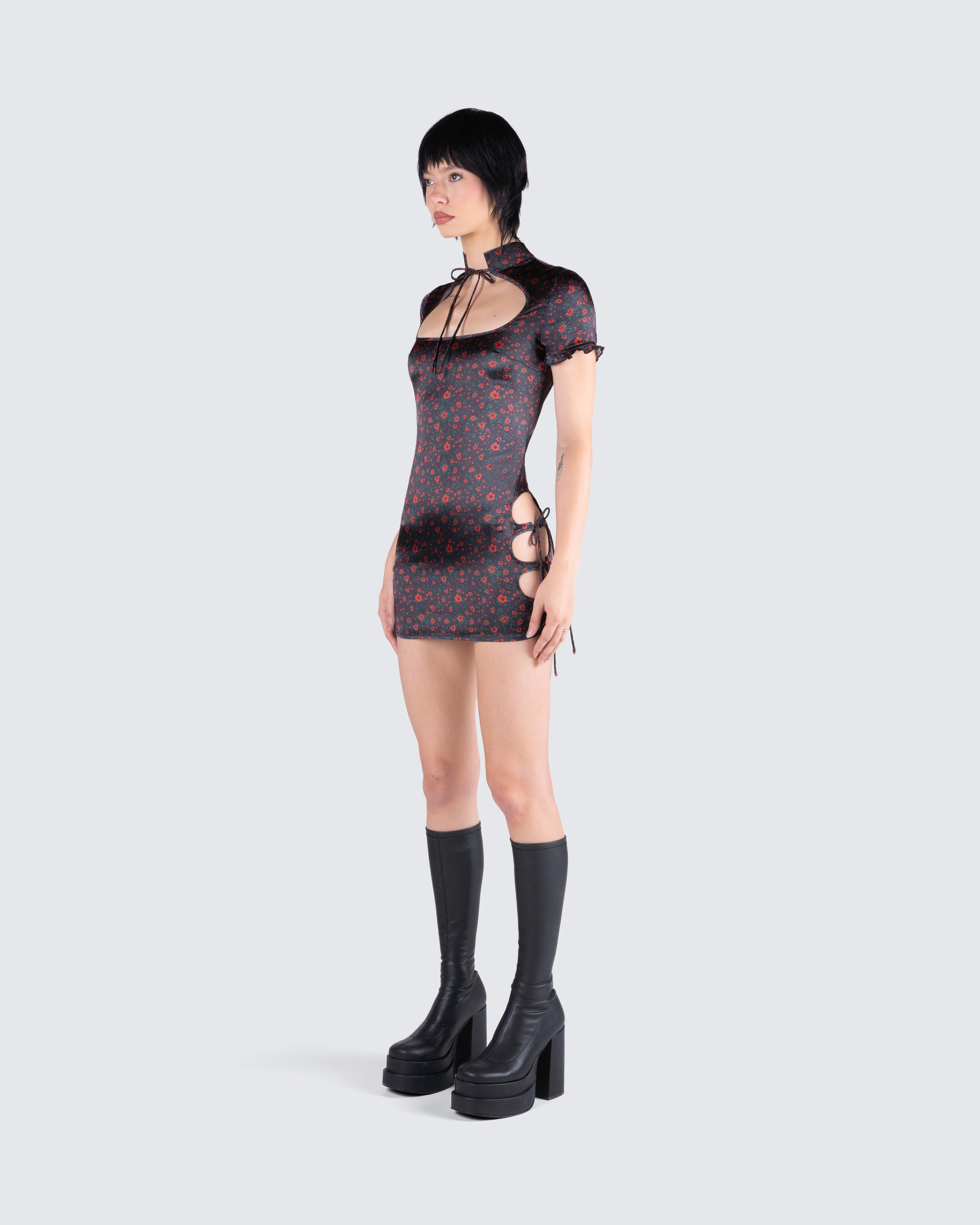 Ivie Black Floral Satin Mini Dress - Image 7