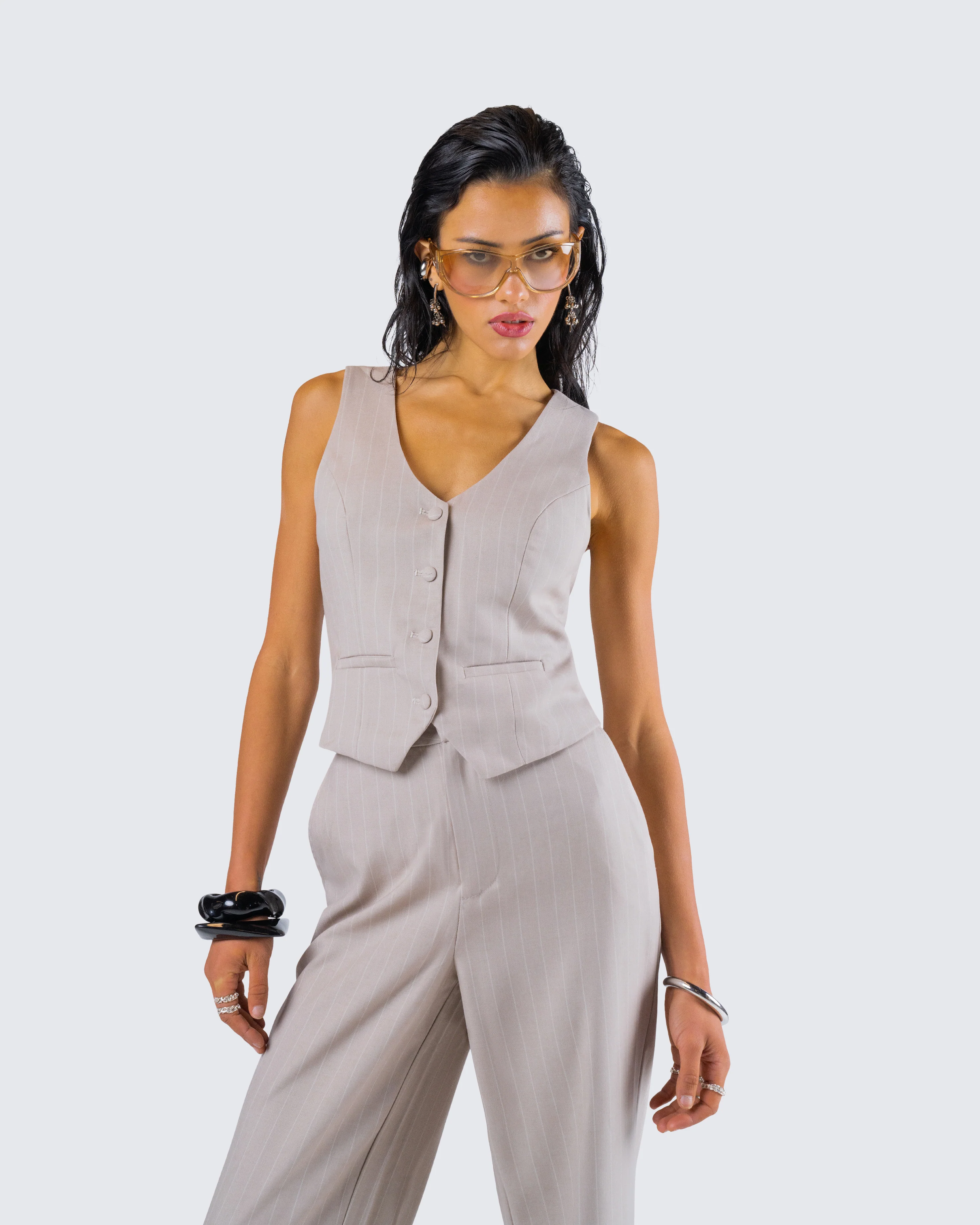 Jaelyn Beige Pinstripe Vest - Image 8