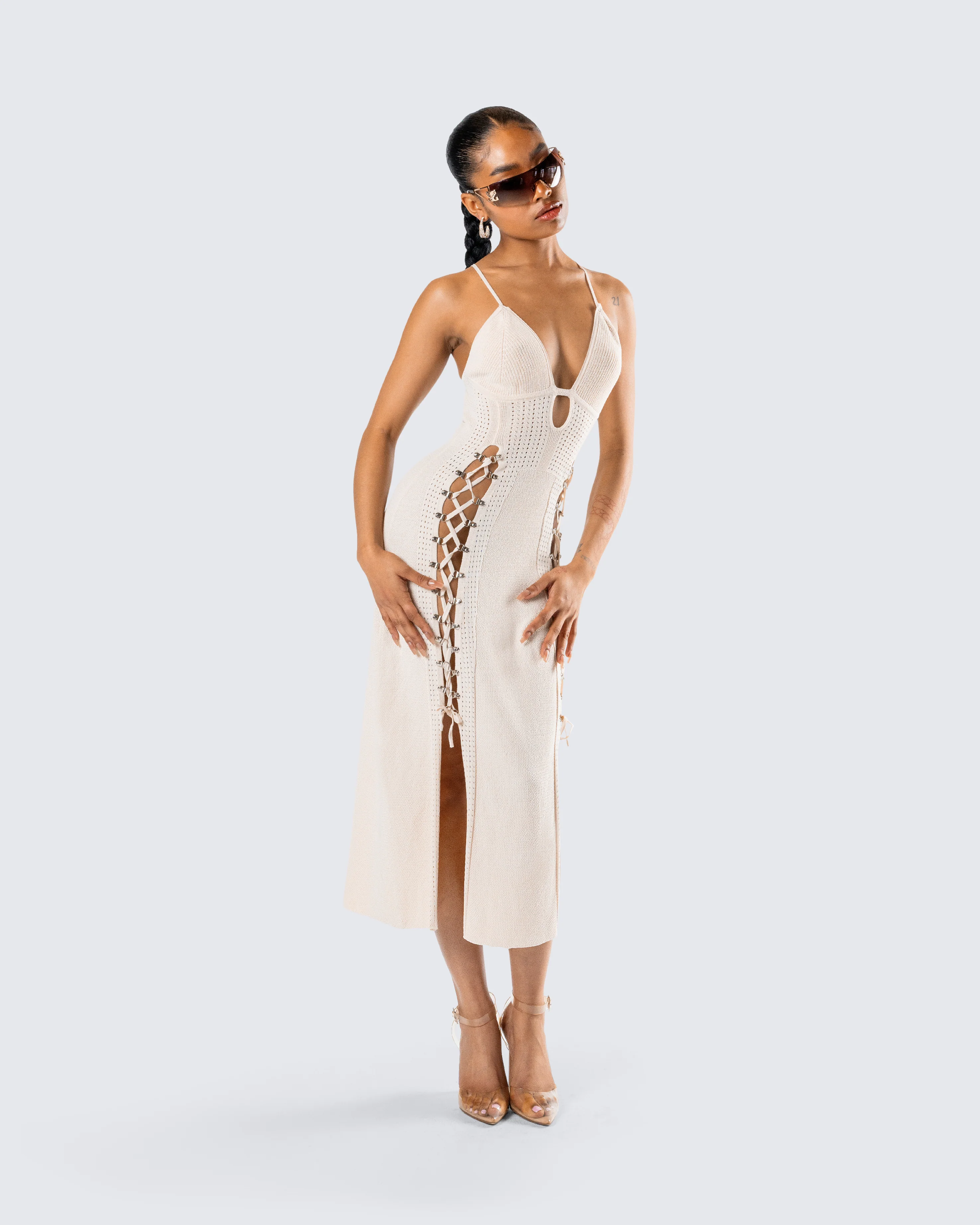 Jing Ivory Crochet Knit Midi Dress - Image 8