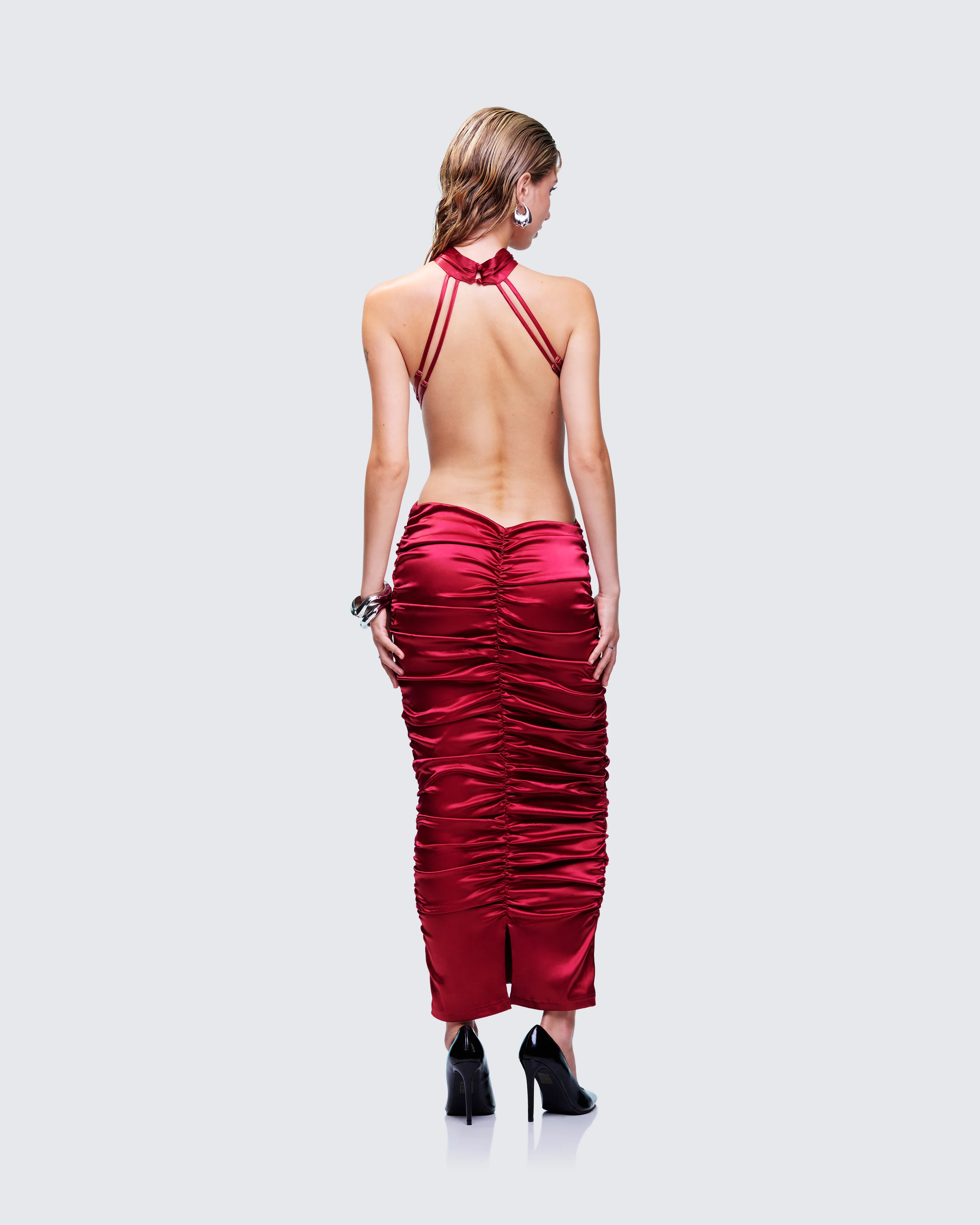 Junia Red Ruched Midi Dress - Image 5