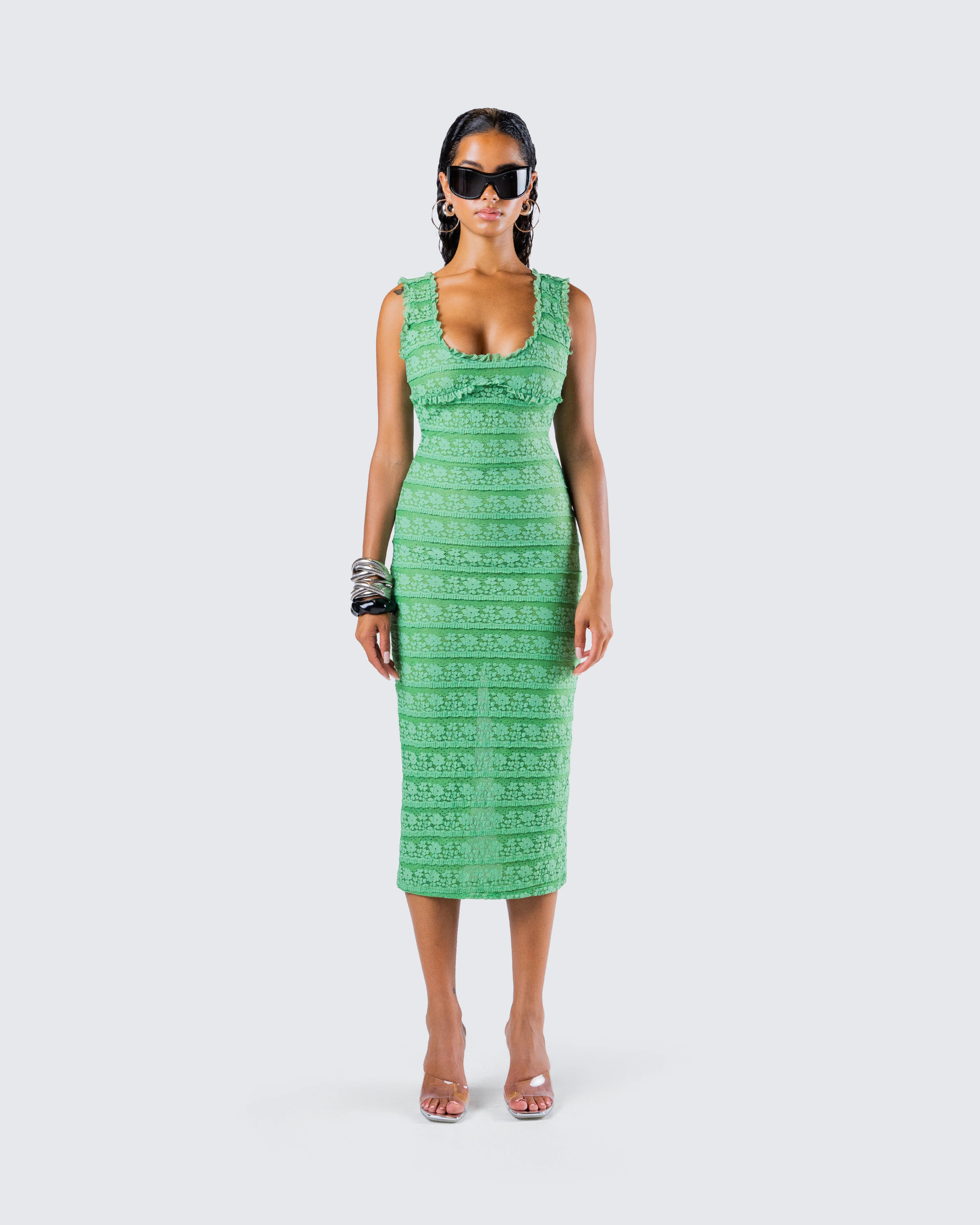 Kairi Green Ruffle Trim Midi Dress - Image 4