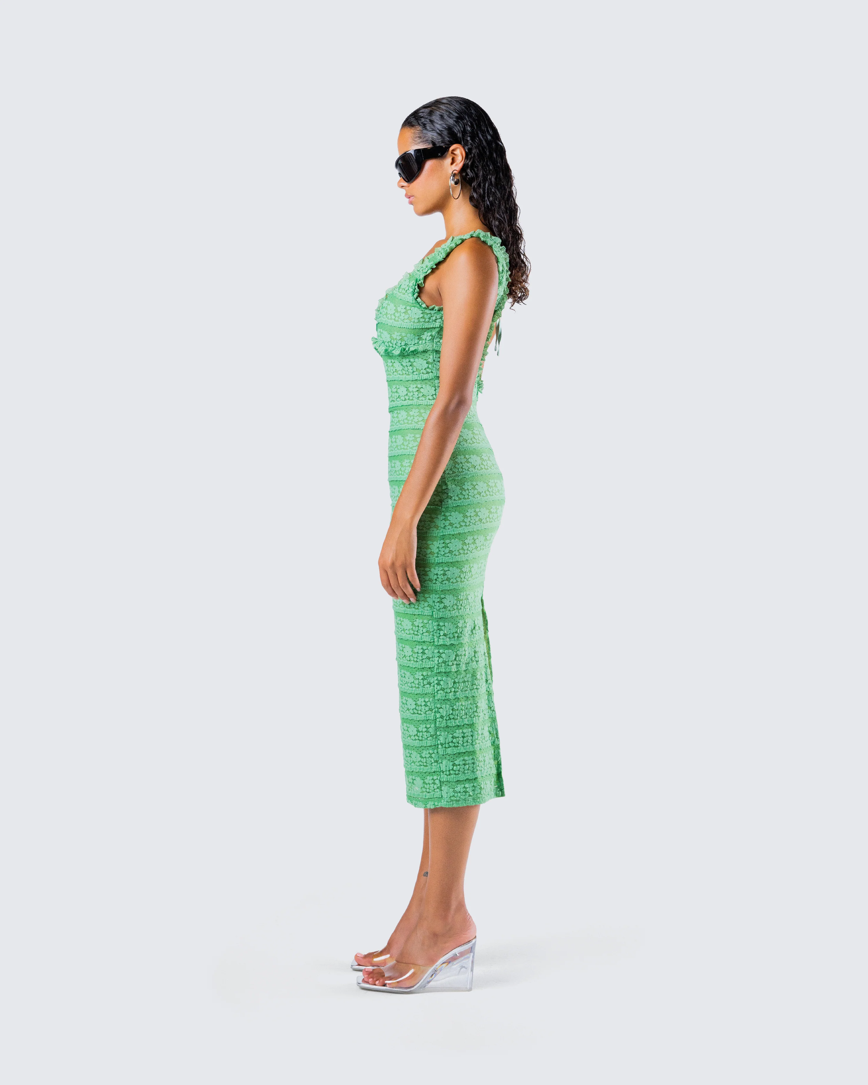 Kairi Green Ruffle Trim Midi Dress - Image 6