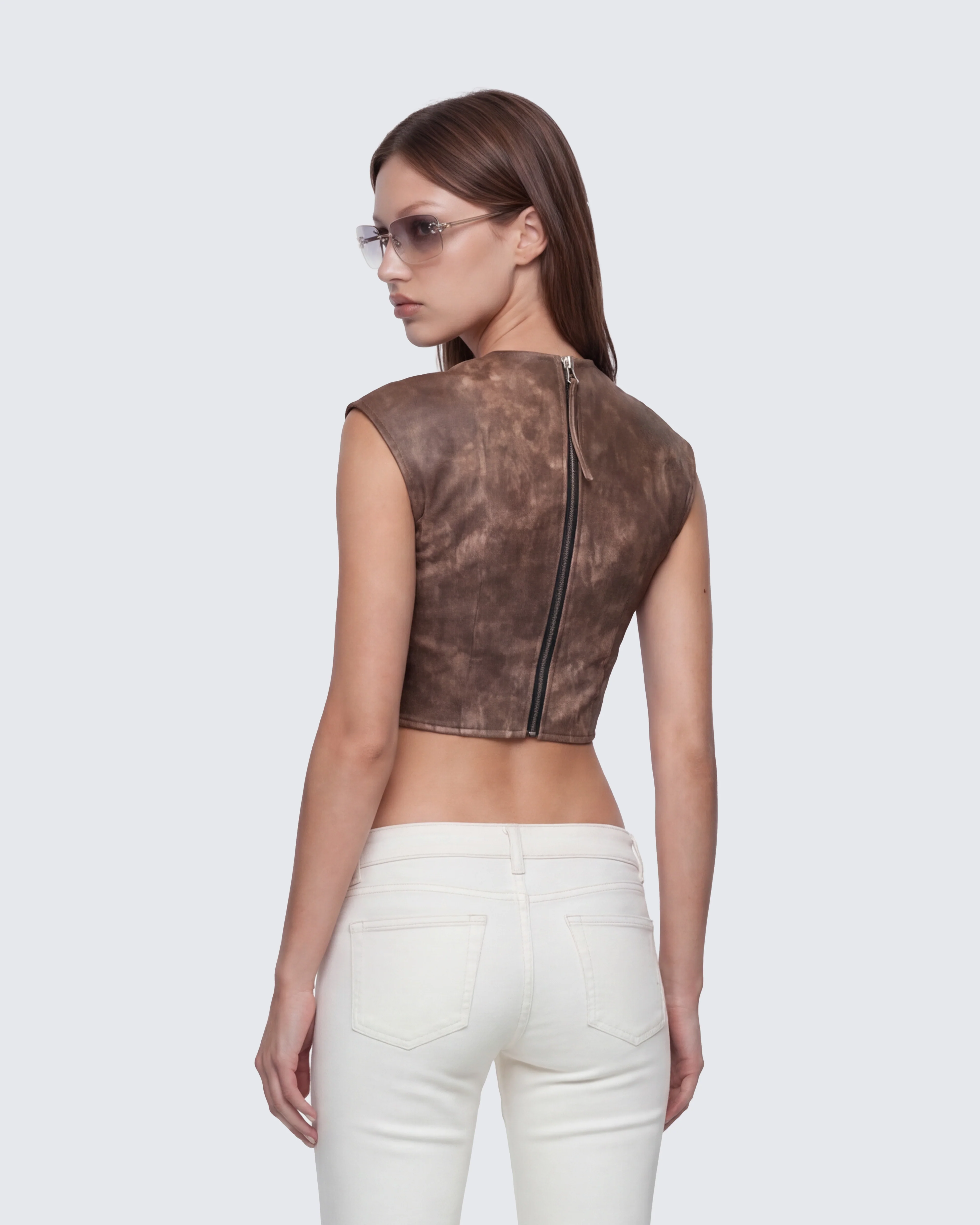 Kano Brown Vegan Leather Cutout Top - Image 4