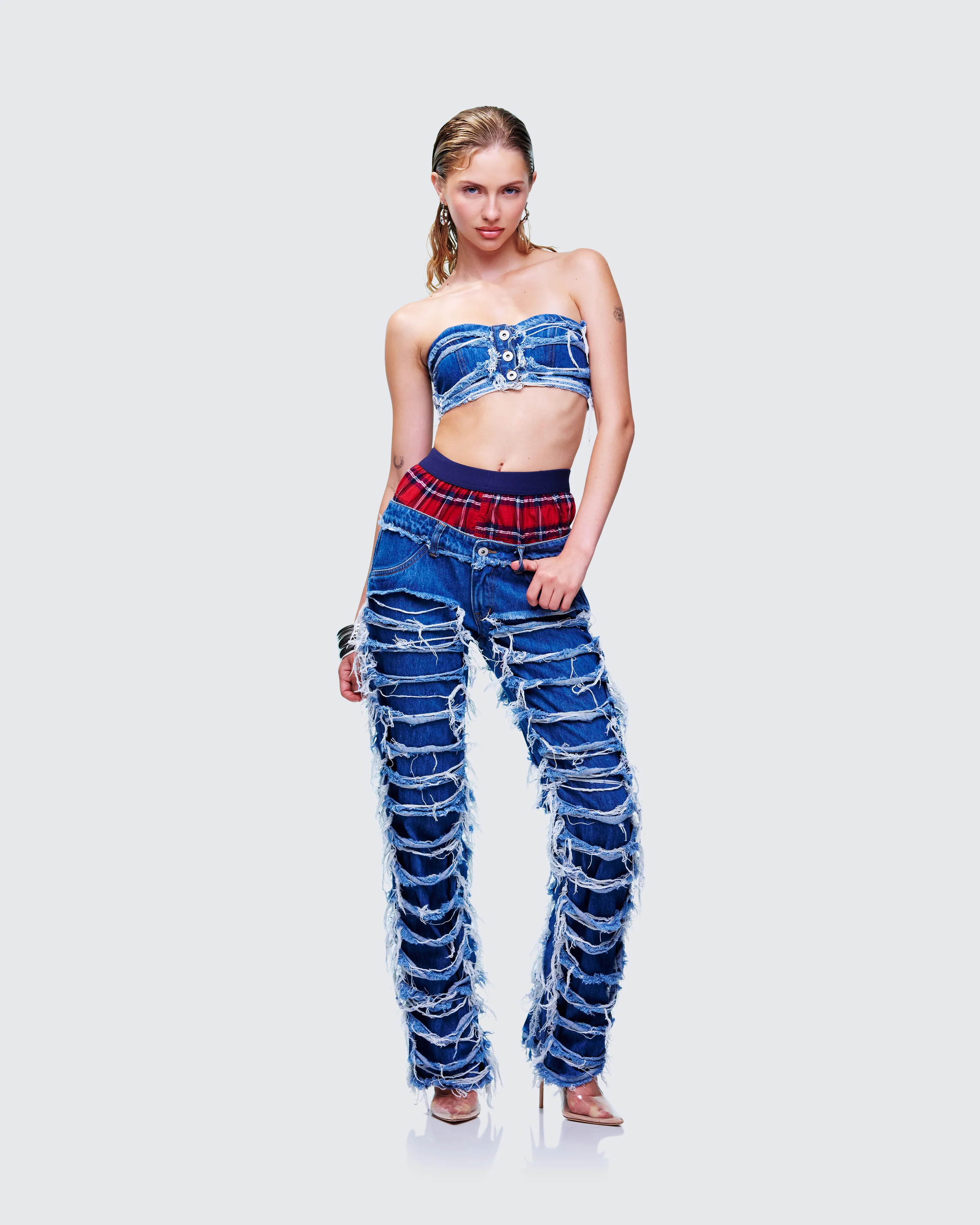 Katria Blue Frayed Denim Bandeau Top - Image 5