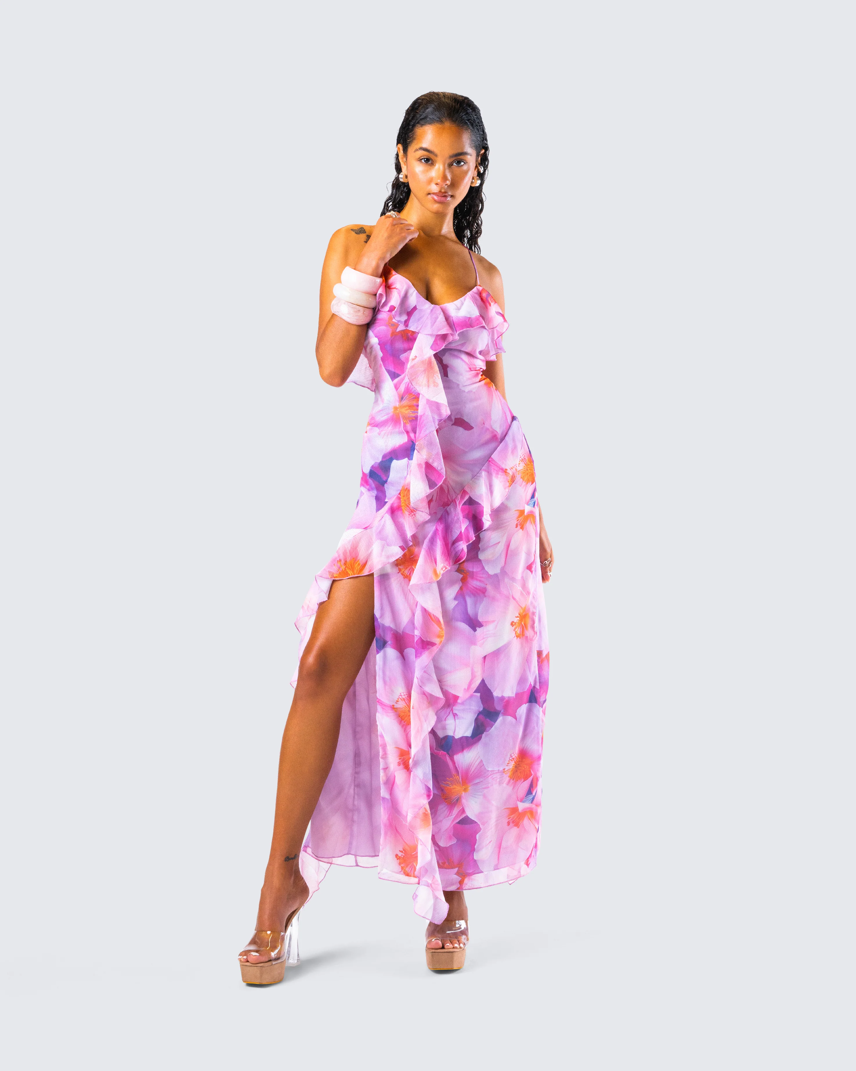 Kenya Pink Floral Ruffle Maxi Dress - Image 8