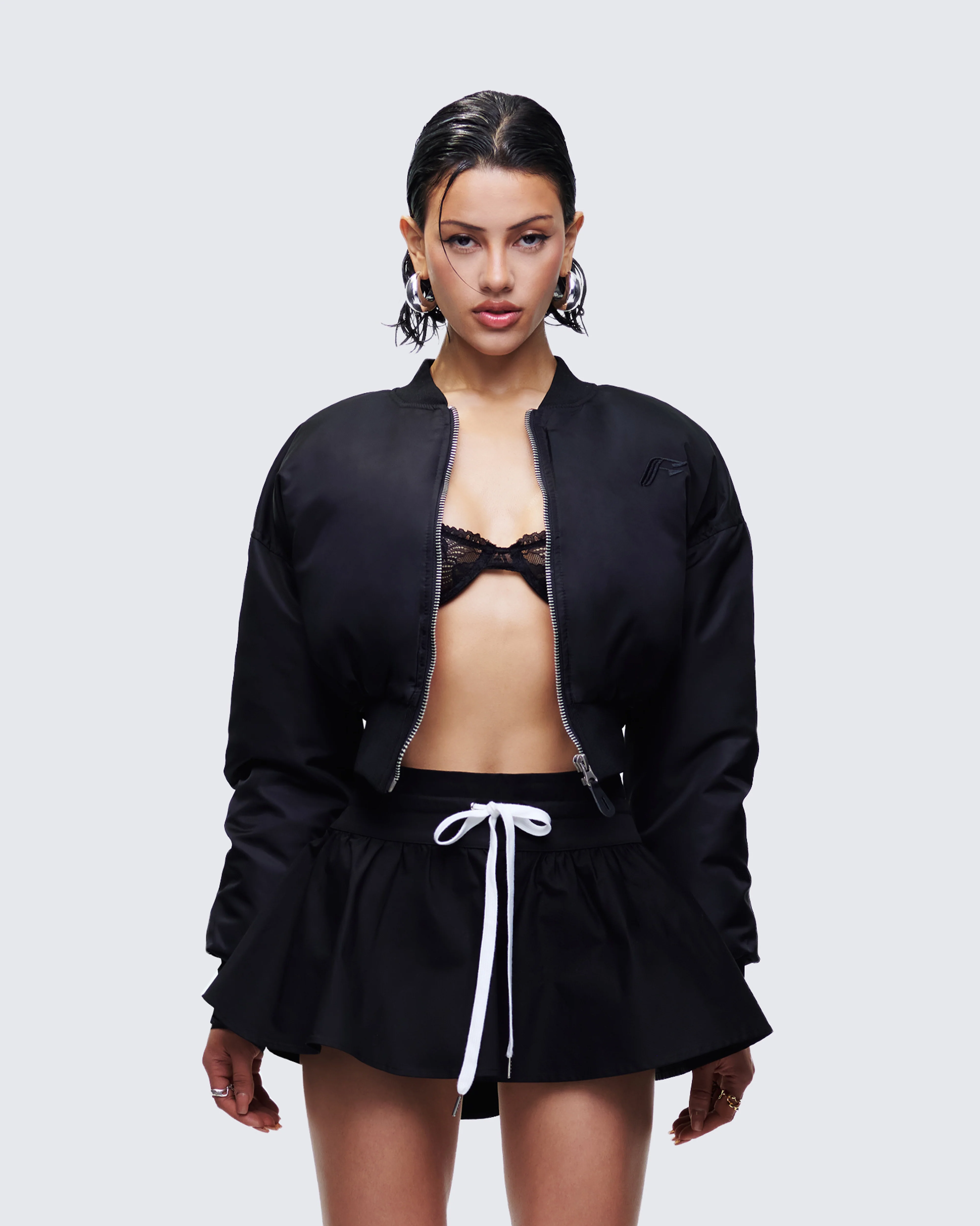 Khione Black Flight Satin Cropped Bomber Jacket - Image 2
