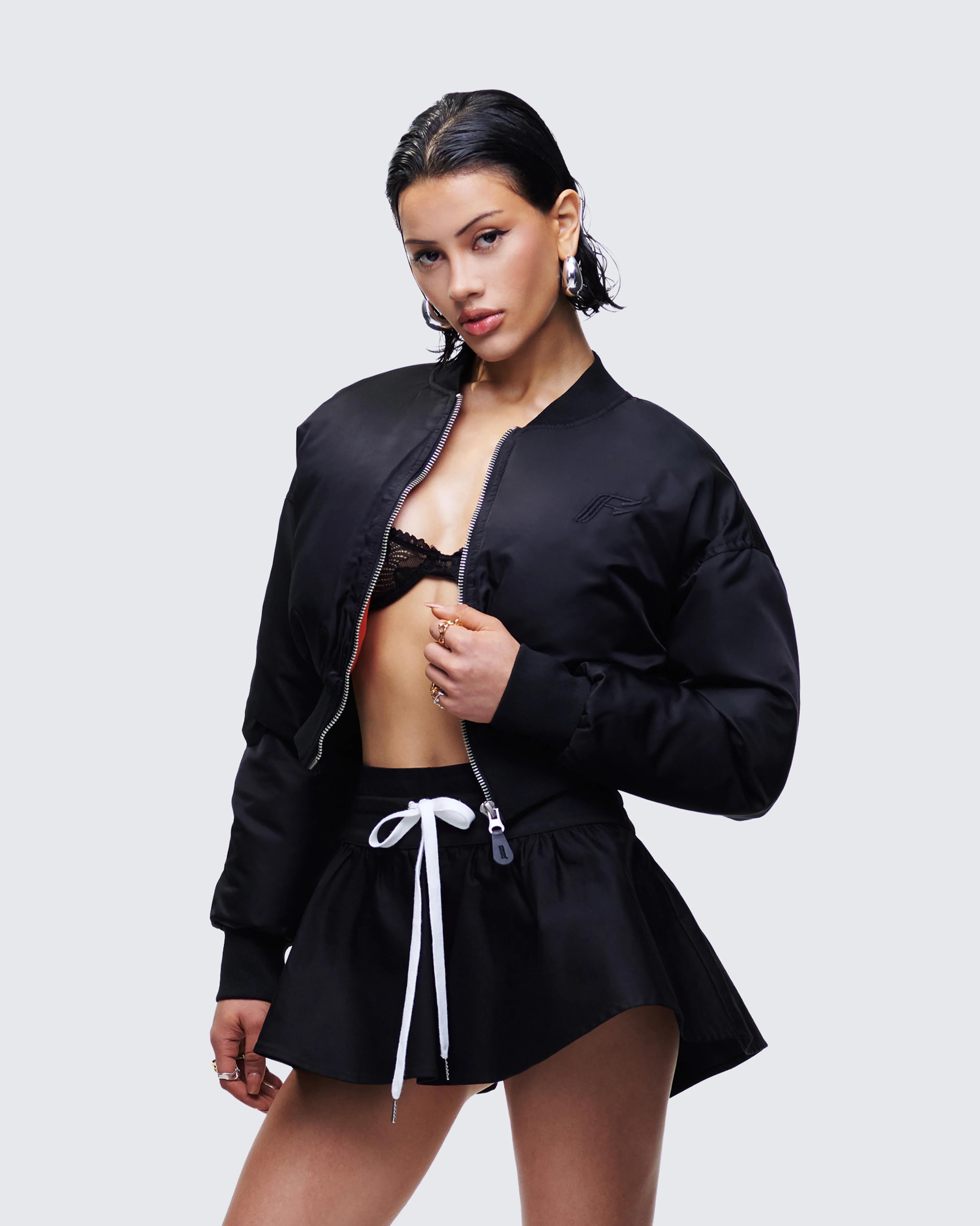 Khione Black Flight Satin Cropped Bomber Jacket - Image 3