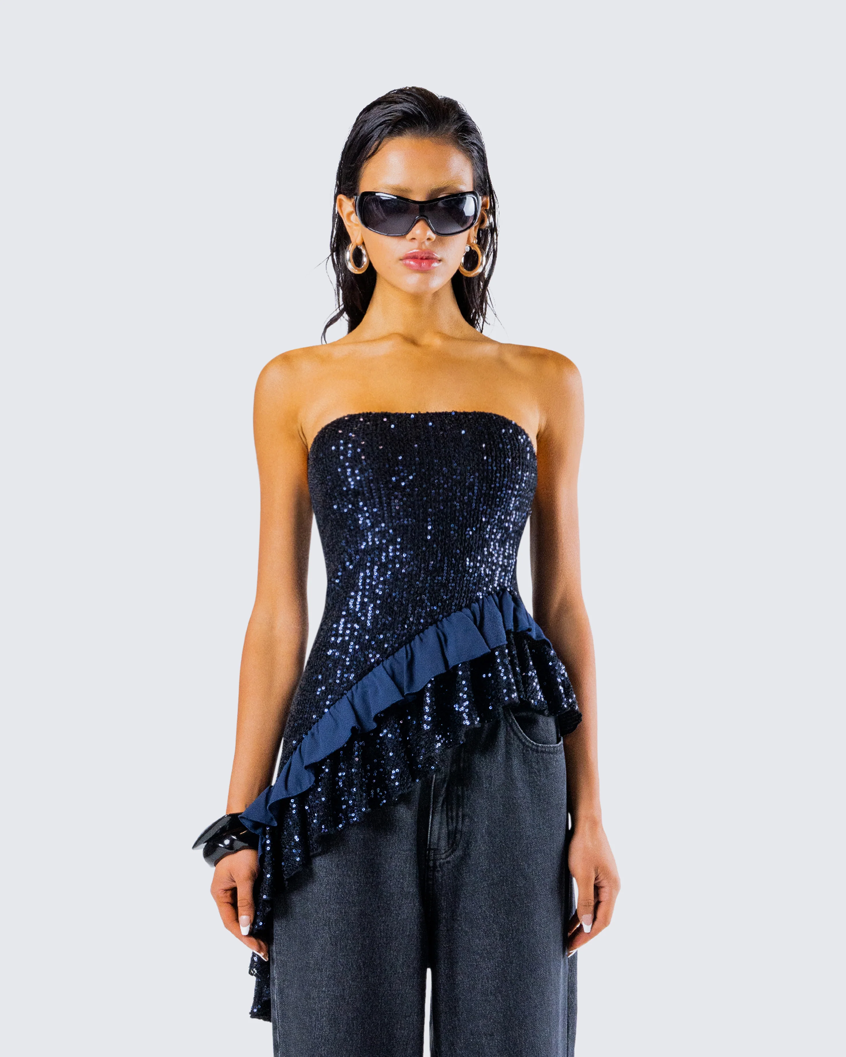 Kienna Navy Sequin Asymmetrical Top - Image 4