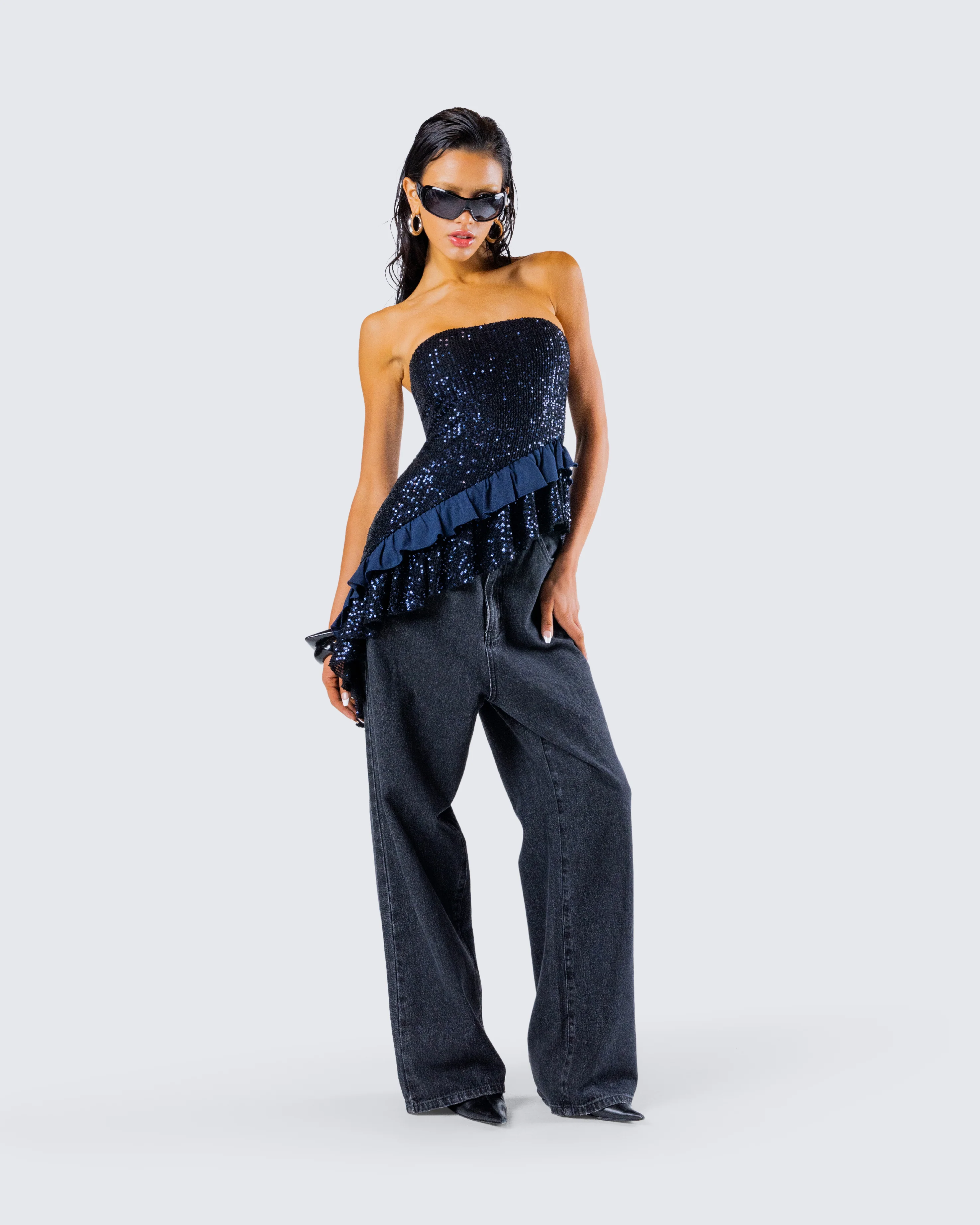 Kienna Navy Sequin Asymmetrical Top - Image 9