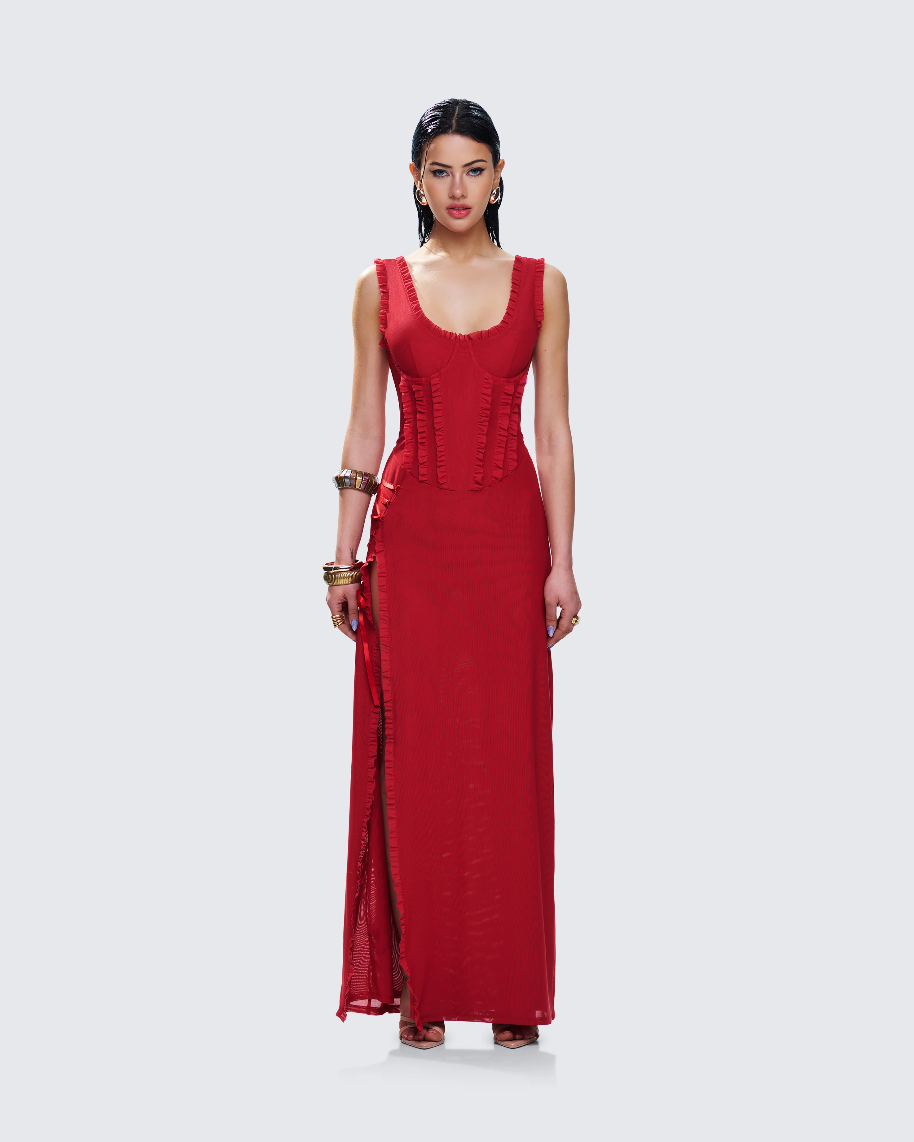 Kimoni Red Ruffle Corset Maxi Dress - Image 4
