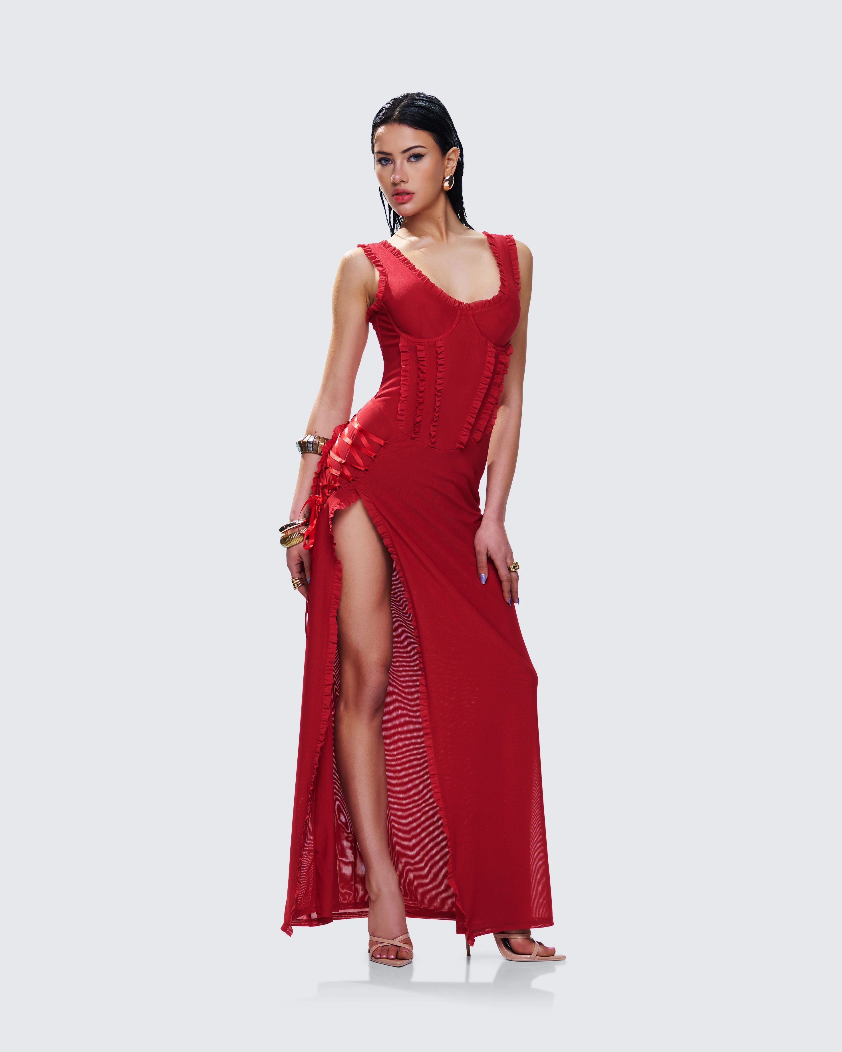 Kimoni Red Ruffle Corset Maxi Dress - Image 6
