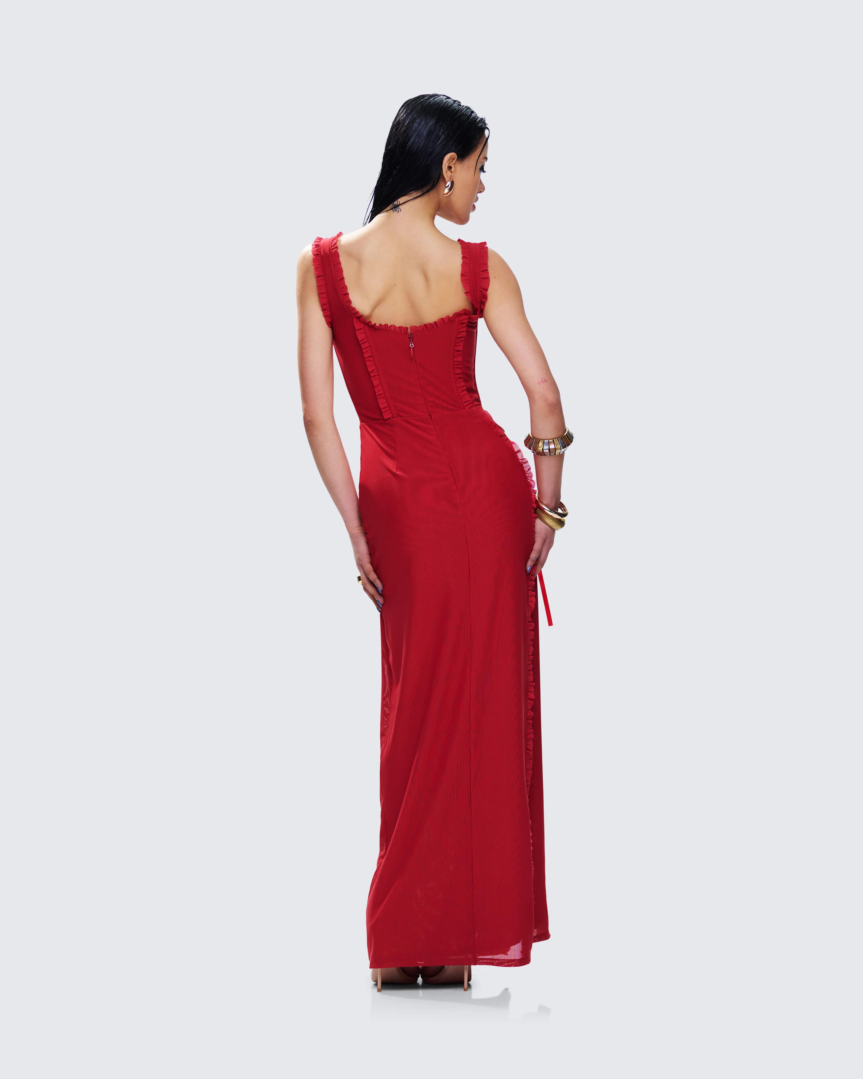 Kimoni Red Ruffle Corset Maxi Dress - Image 7