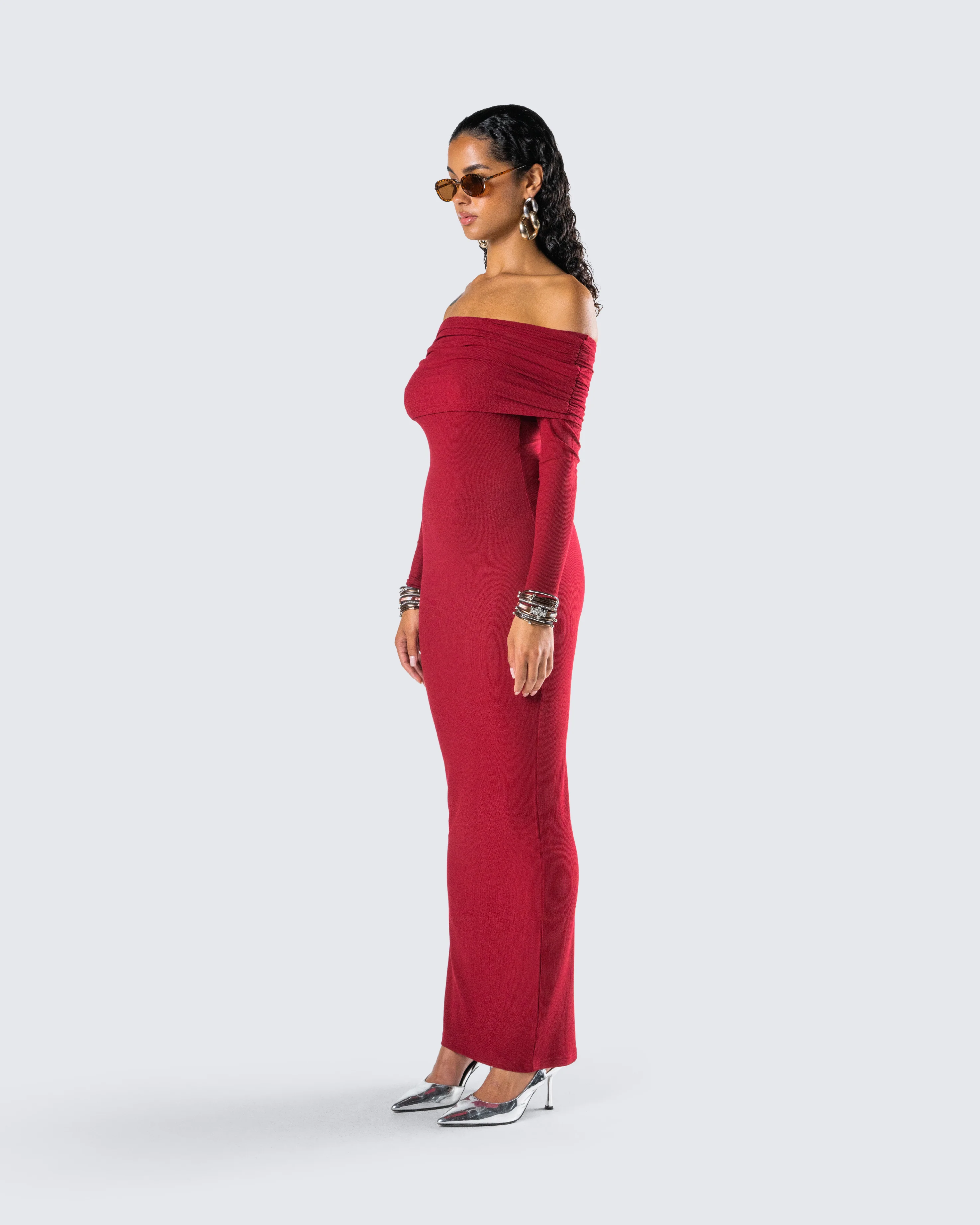 Kyan Burgundy Off Shoulder Maxi Dress - Image 5