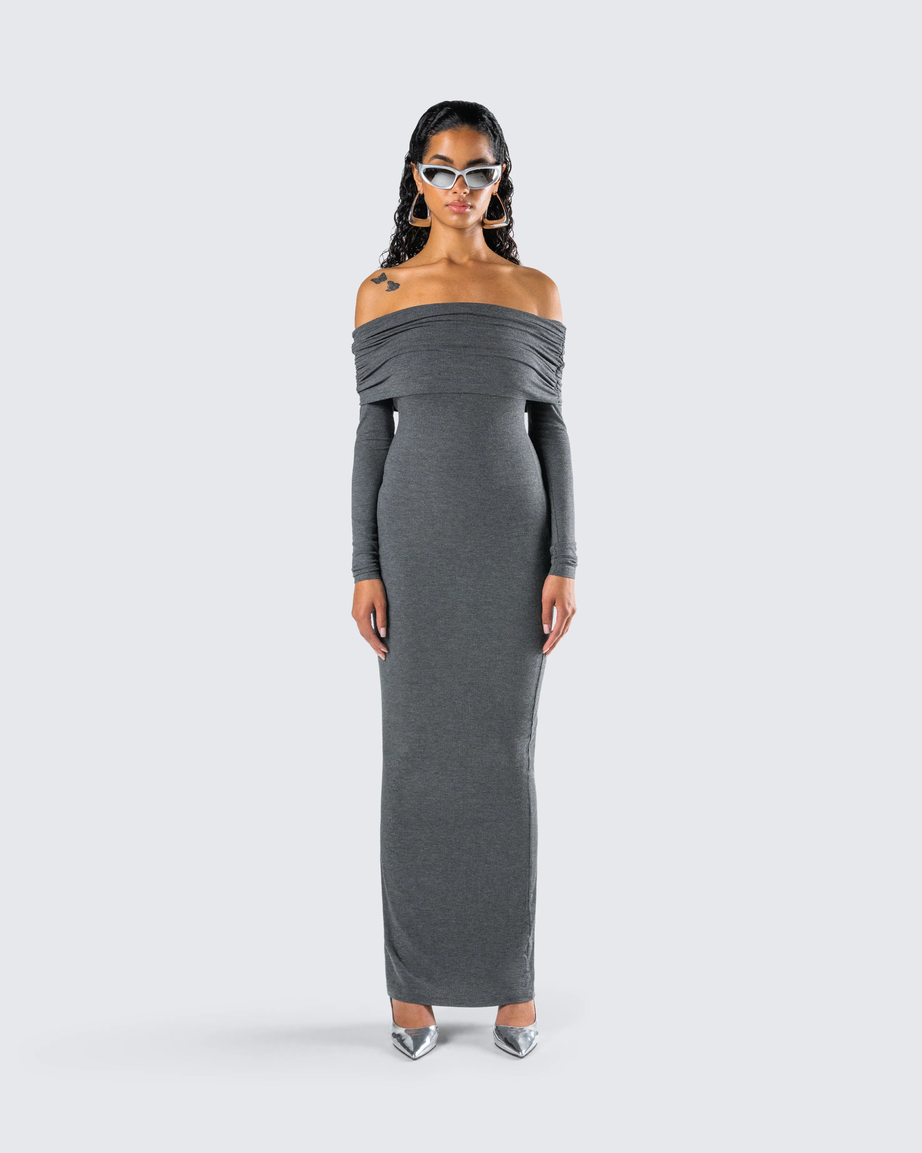 Kyan Charcoal Off Shoulder Maxi Dress - Image 4