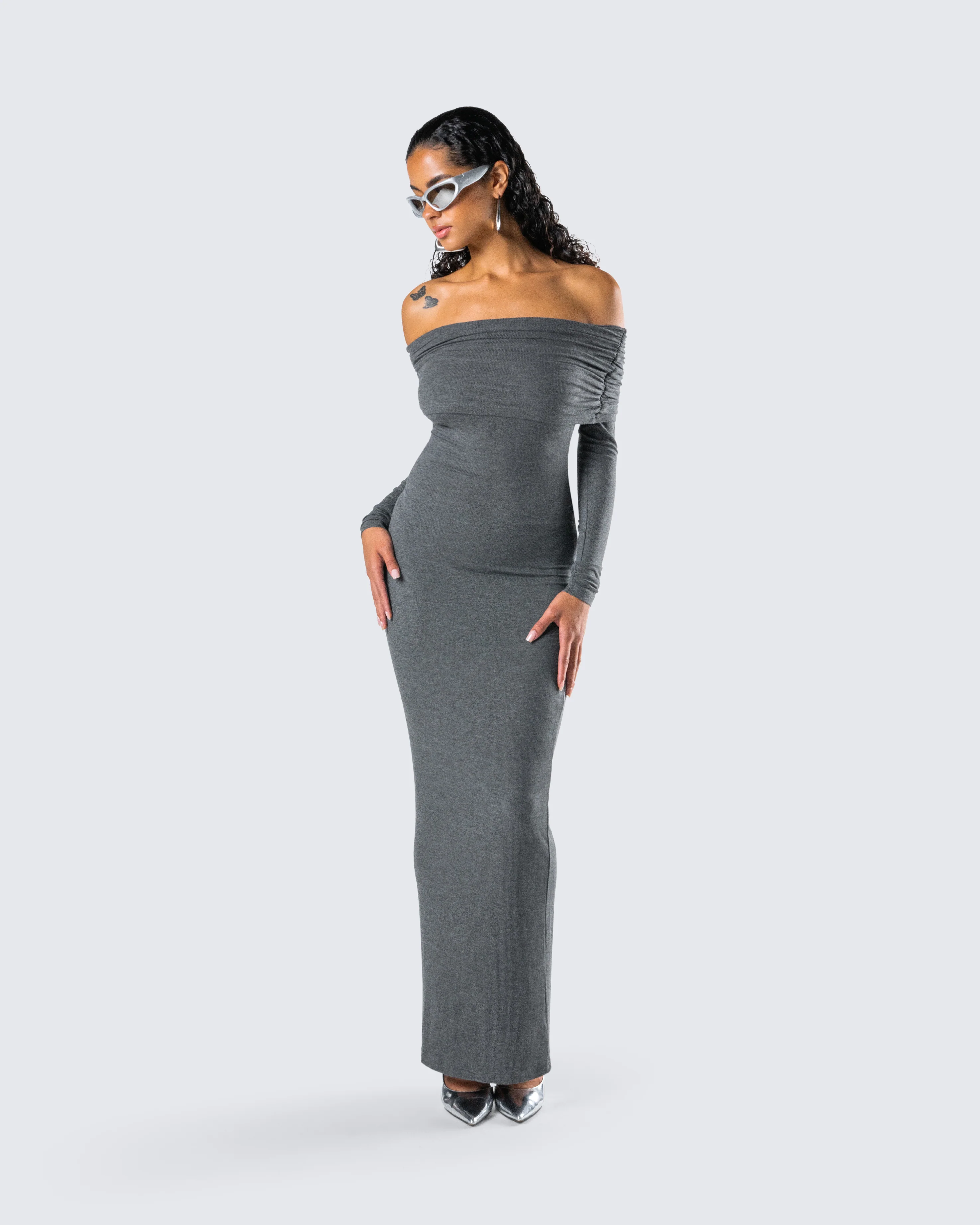 Kyan Charcoal Off Shoulder Maxi Dress - Image 8
