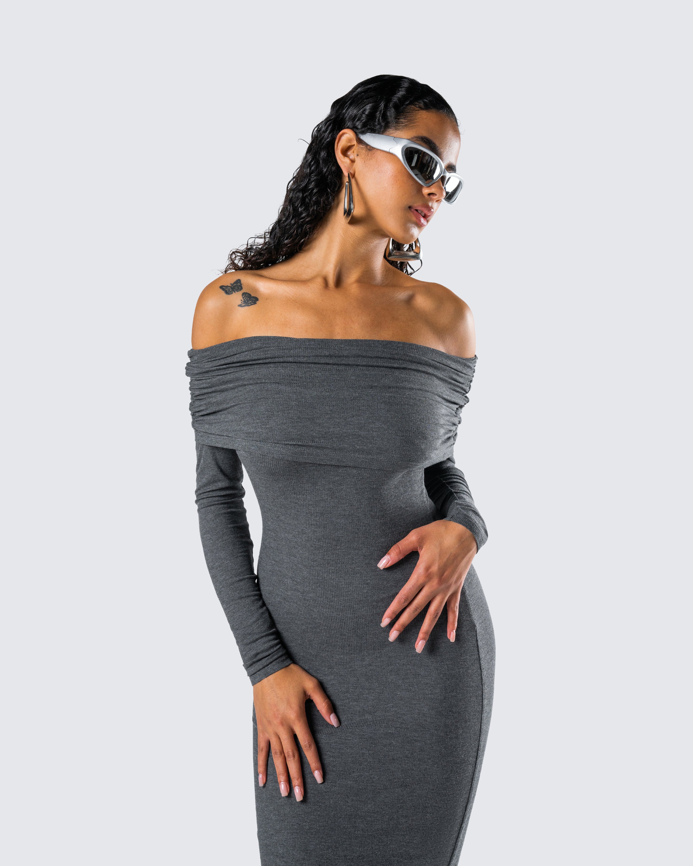 Kyan Charcoal Off Shoulder Maxi Dress - Image 9