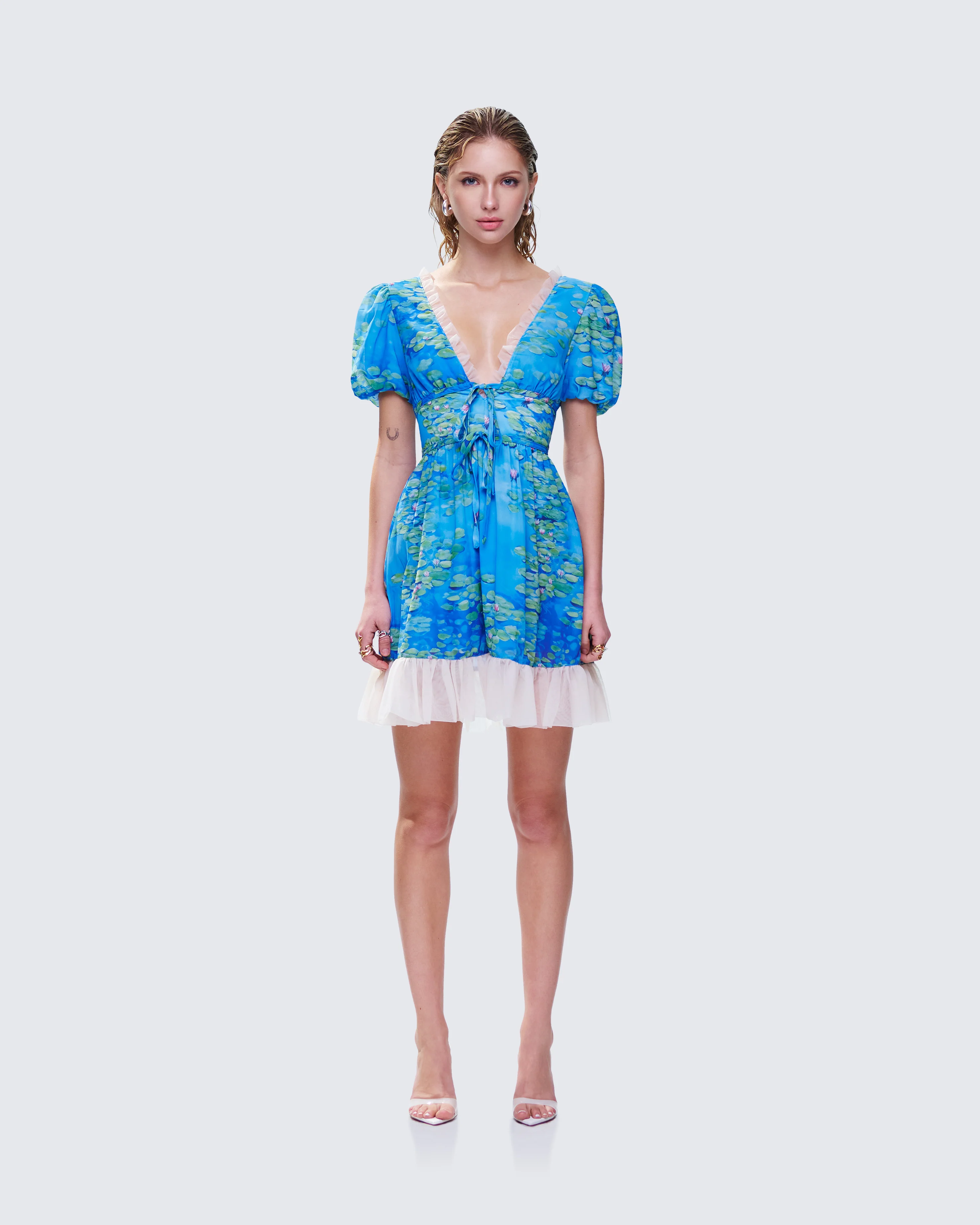 Lacey Blue Water Lilies Print Mini Dress - Image 4