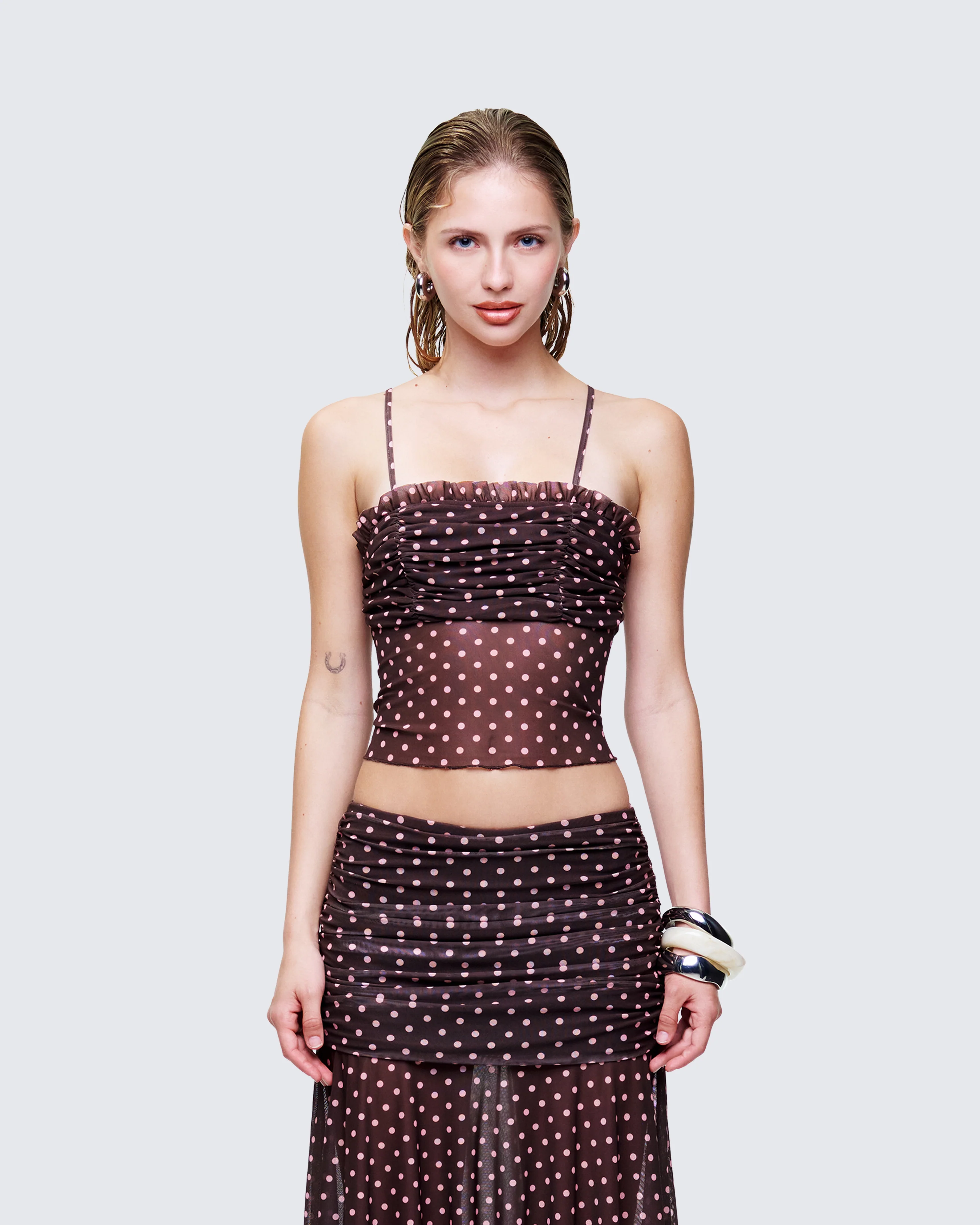 Lehlani Brown Polka Mesh Ruffle Edge Cami Top - Image 2
