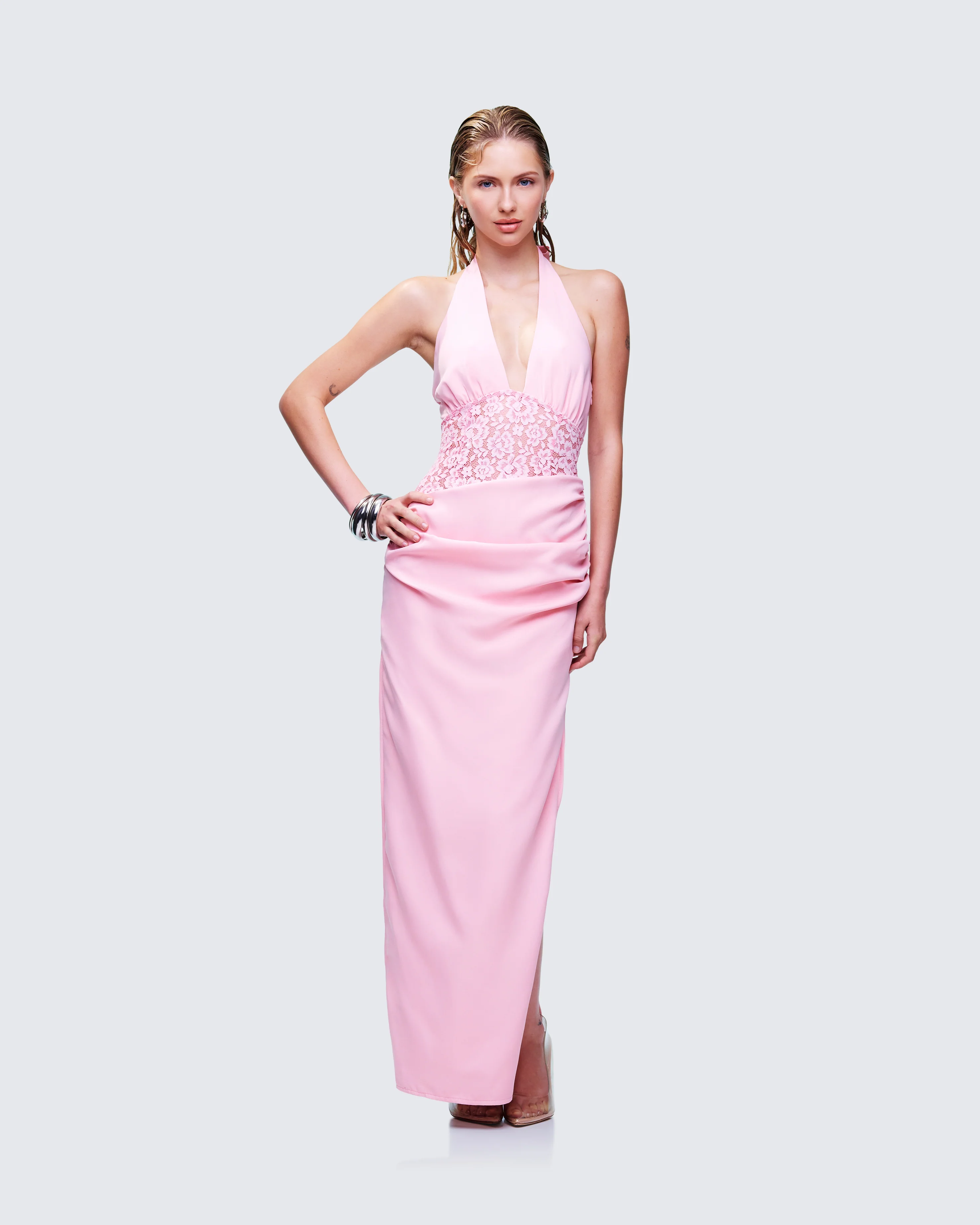 Lenora Pink Lace Detail Maxi Dress - Image 3
