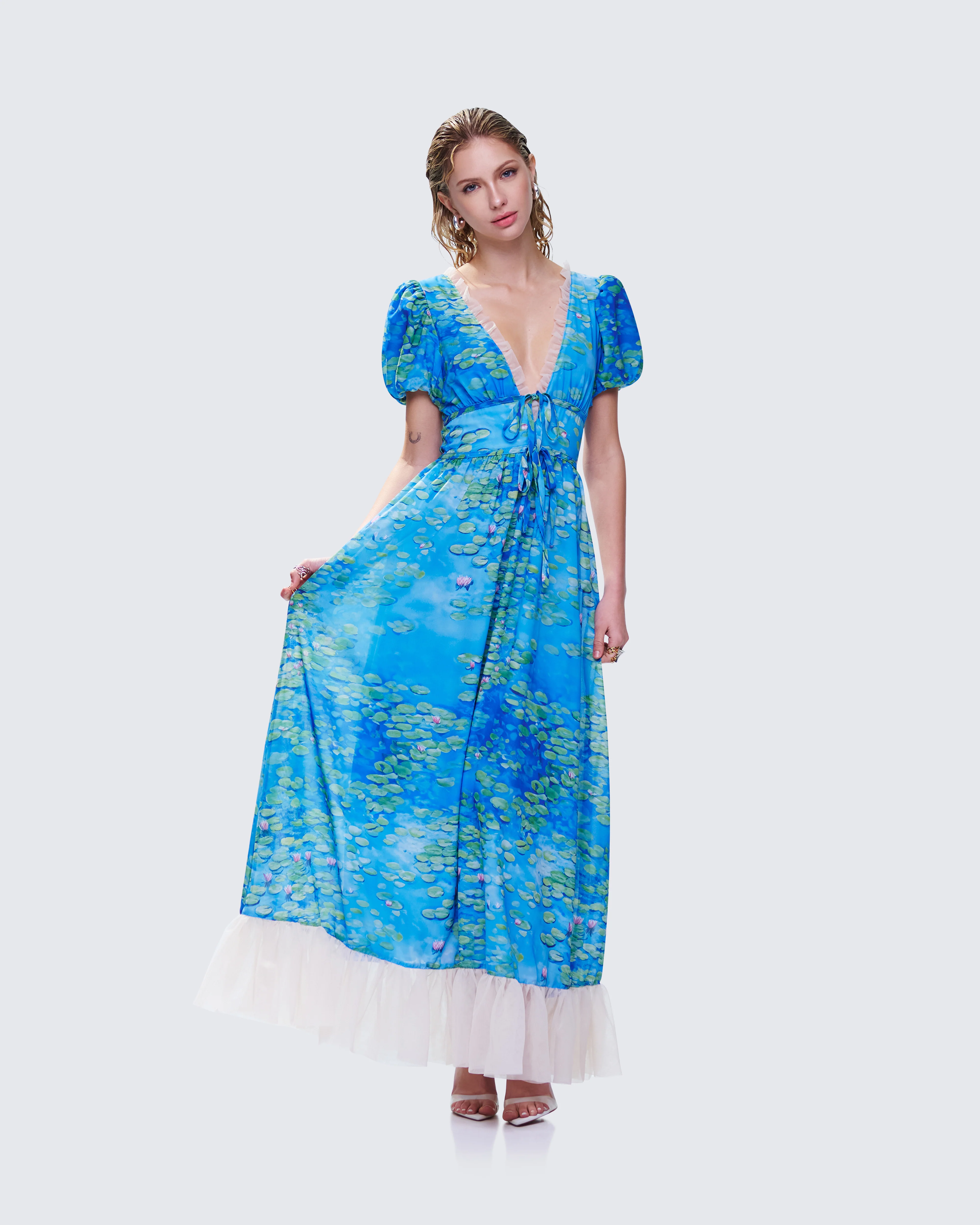 Loire Blue Water Lilies Print Maxi Dress - Image 6